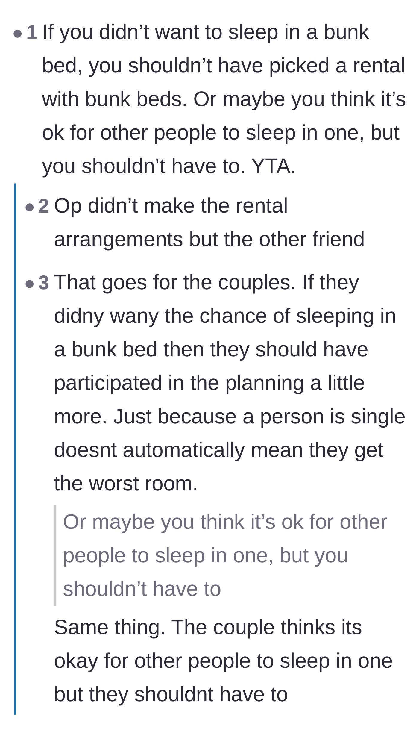 Comment thread 5 - Backlash blaming the main character for the rental choice, met with reminders that she didn't actually book it.
