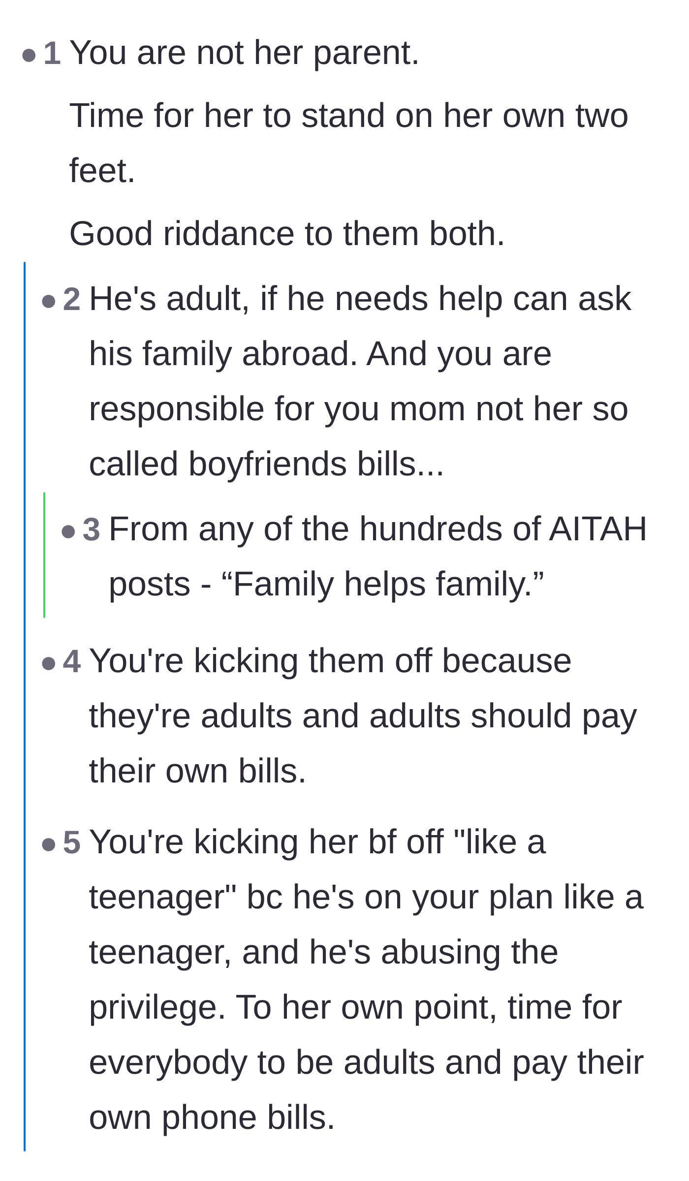 Comment thread 1 - Debate on the toxic 'family helps family' pattern and how adults need to pay their own bills.