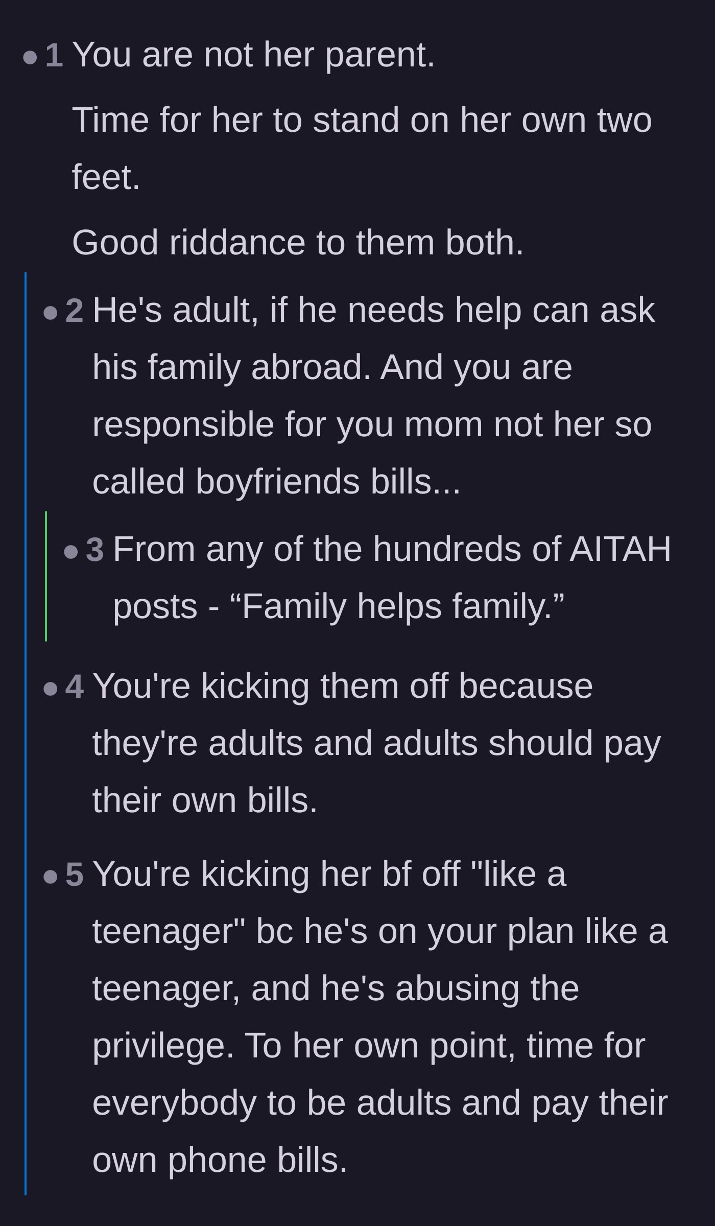 Comment thread 1 - Debate on the toxic 'family helps family' pattern and how adults need to pay their own bills.