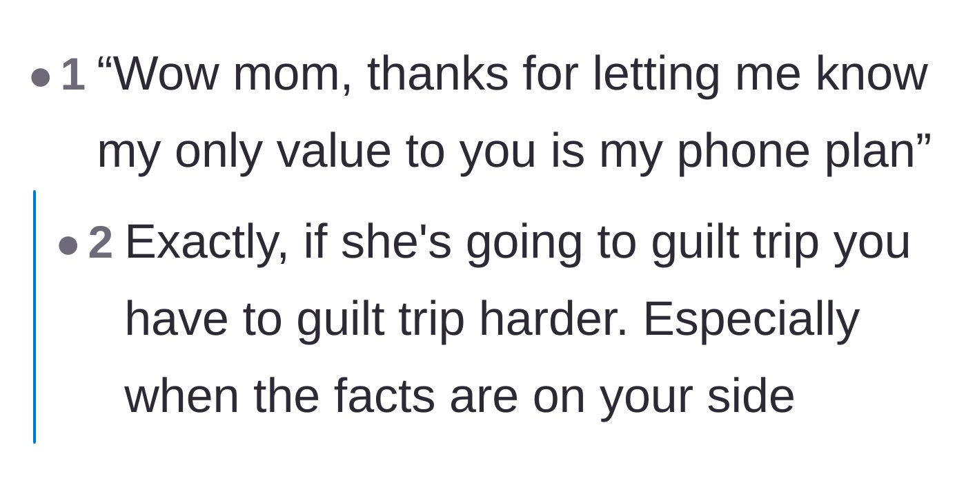 Comment thread 2 - Suggestion to reverse the guilt trip on the mother regarding her priorities.