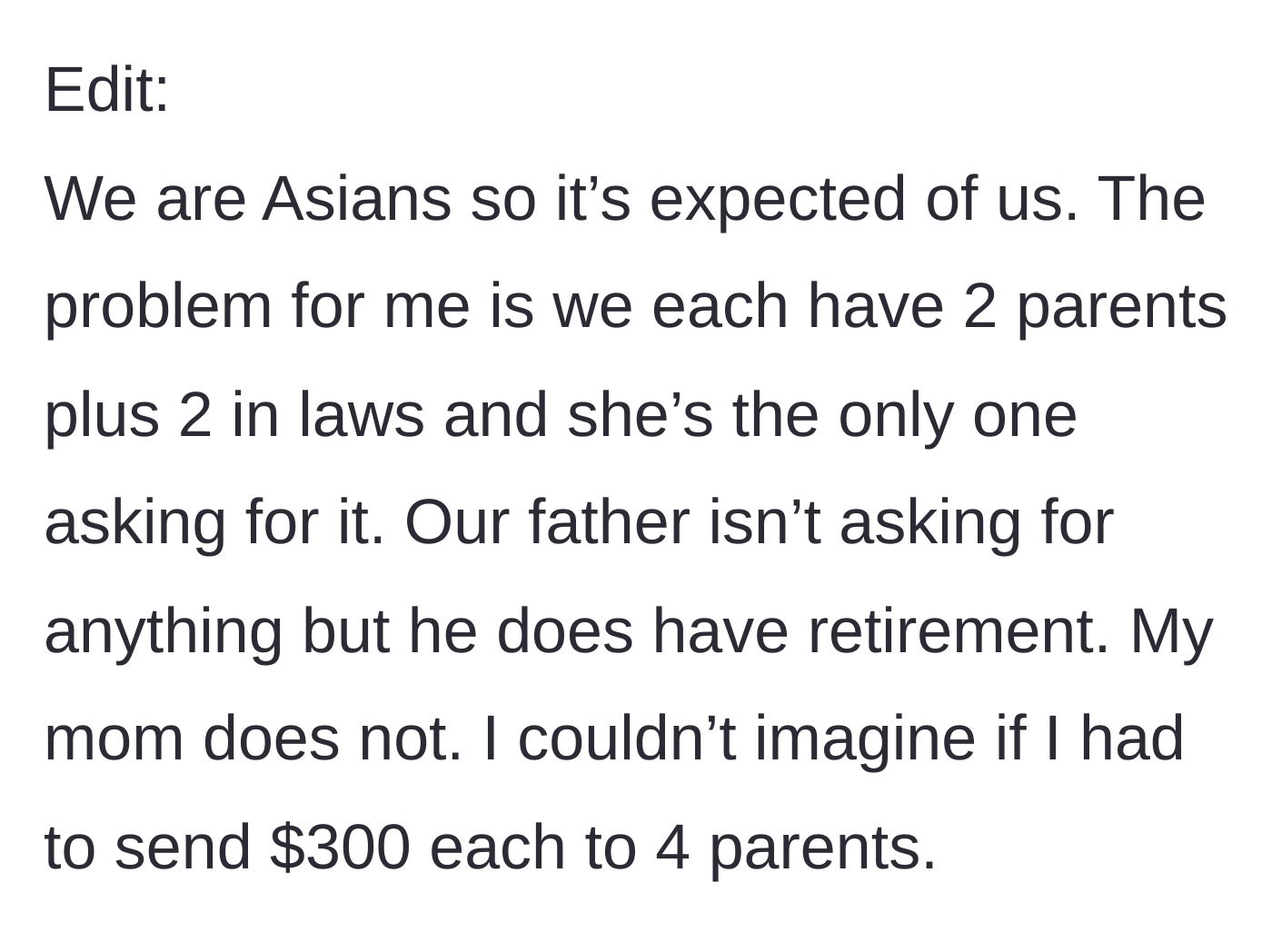 Story part 5 - An edit revealing cultural expectations and the logistical nightmare of paying four separate parents this monthly fee.
