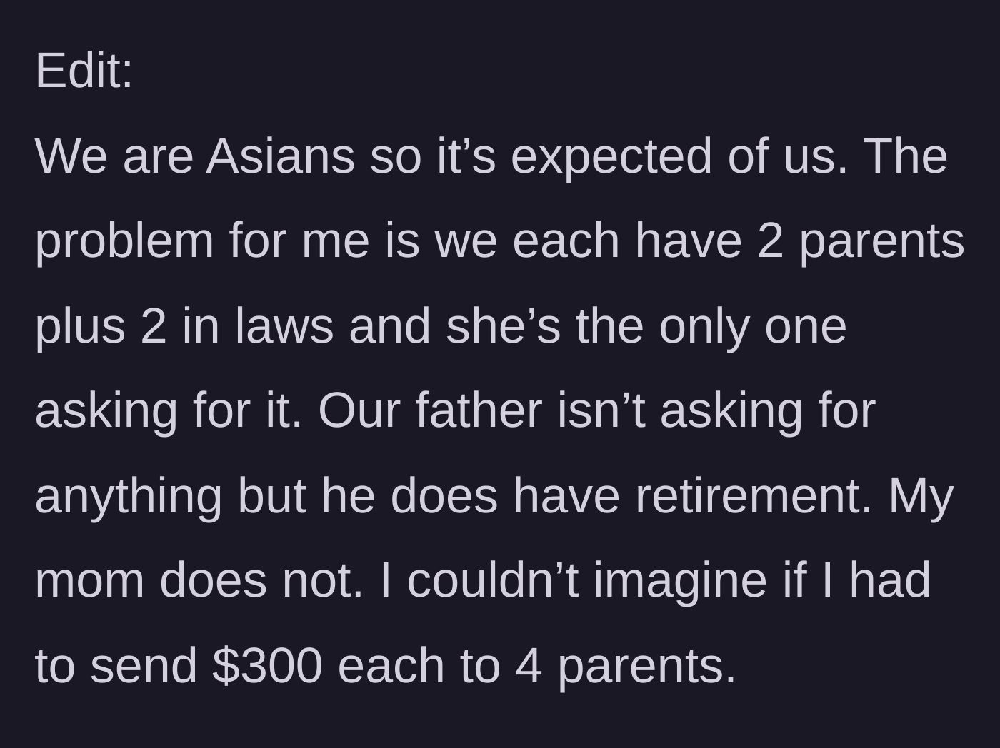 Story part 5 - An edit revealing cultural expectations and the logistical nightmare of paying four separate parents this monthly fee.