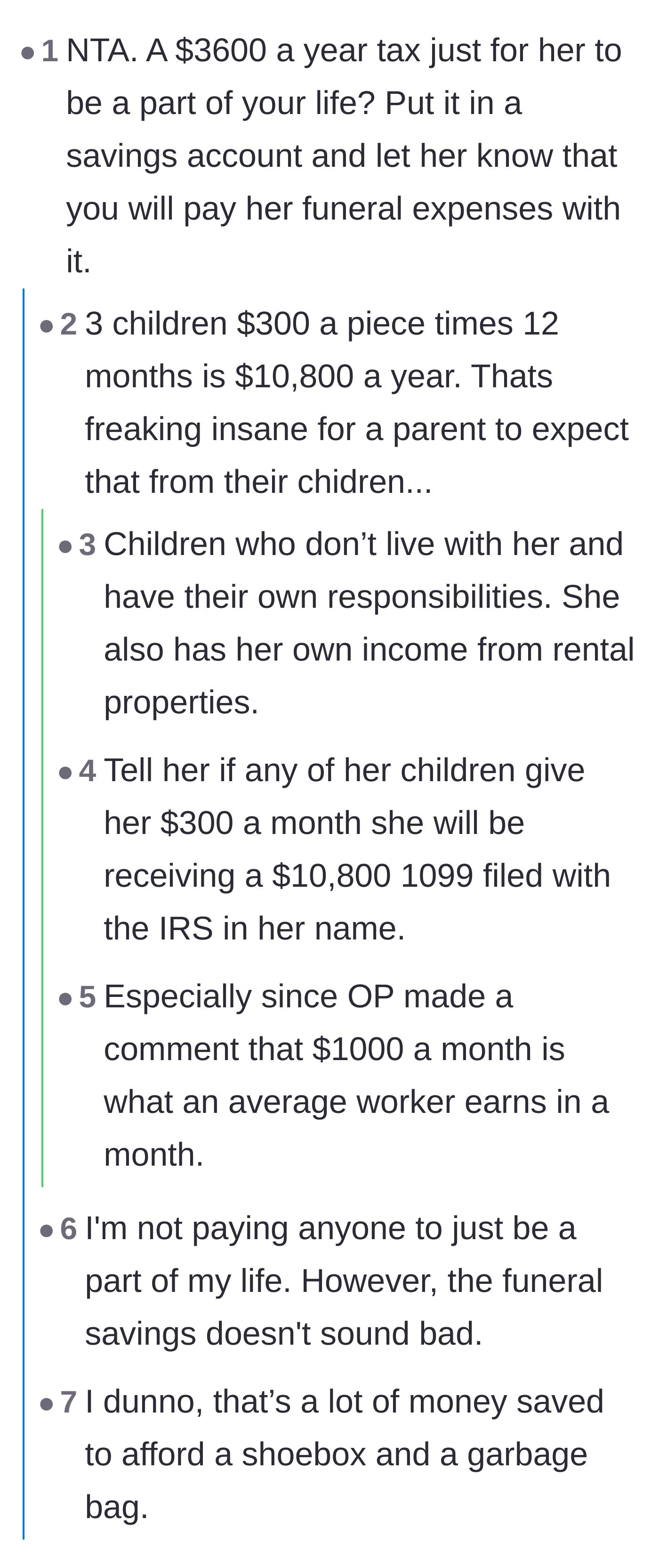Comment thread 1 - Readers suggest saving the demanded money for the mother's funeral expenses and calculate the staggering $10,800 yearly total she expects.