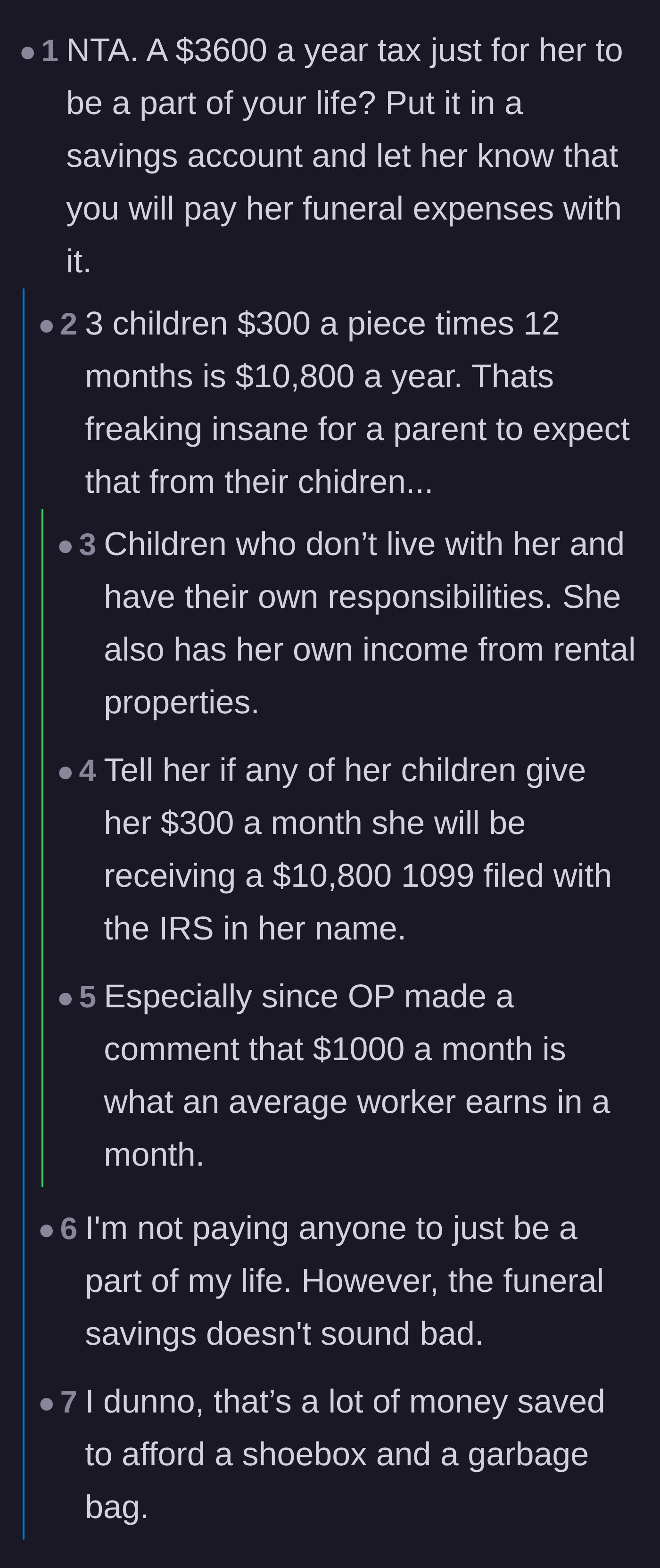 Comment thread 1 - Readers suggest saving the demanded money for the mother's funeral expenses and calculate the staggering $10,800 yearly total she expects.