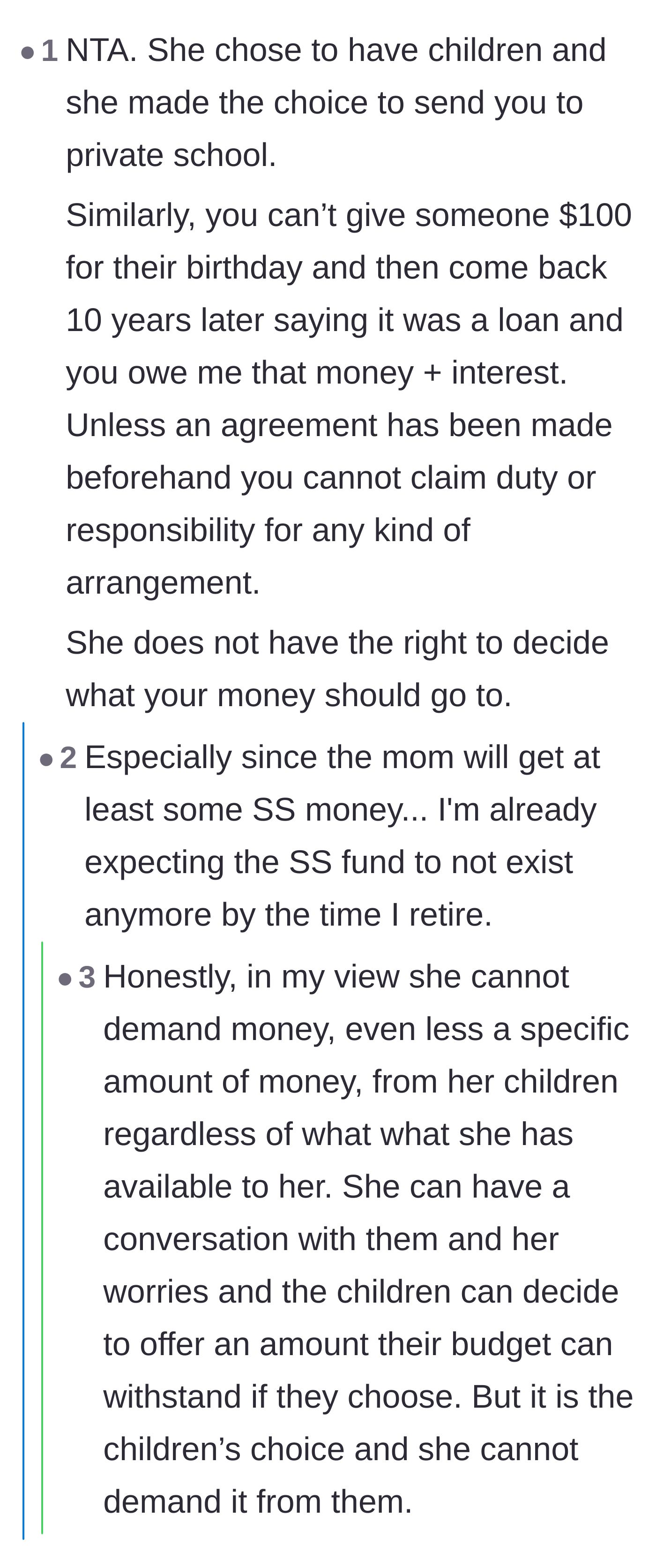 Comment thread 3 - A commenter compares the mother's demands to giving a birthday gift and demanding it back a decade later with interest.