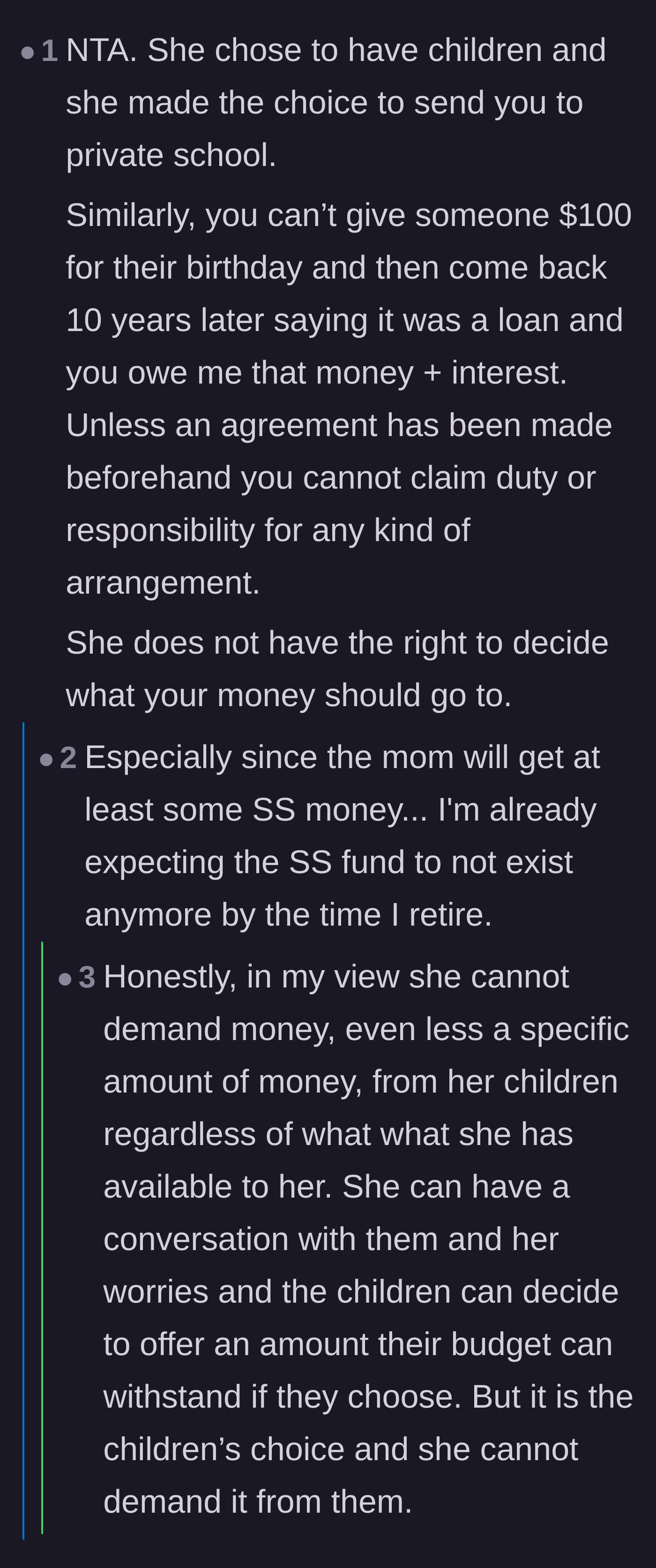 Comment thread 3 - A commenter compares the mother's demands to giving a birthday gift and demanding it back a decade later with interest.
