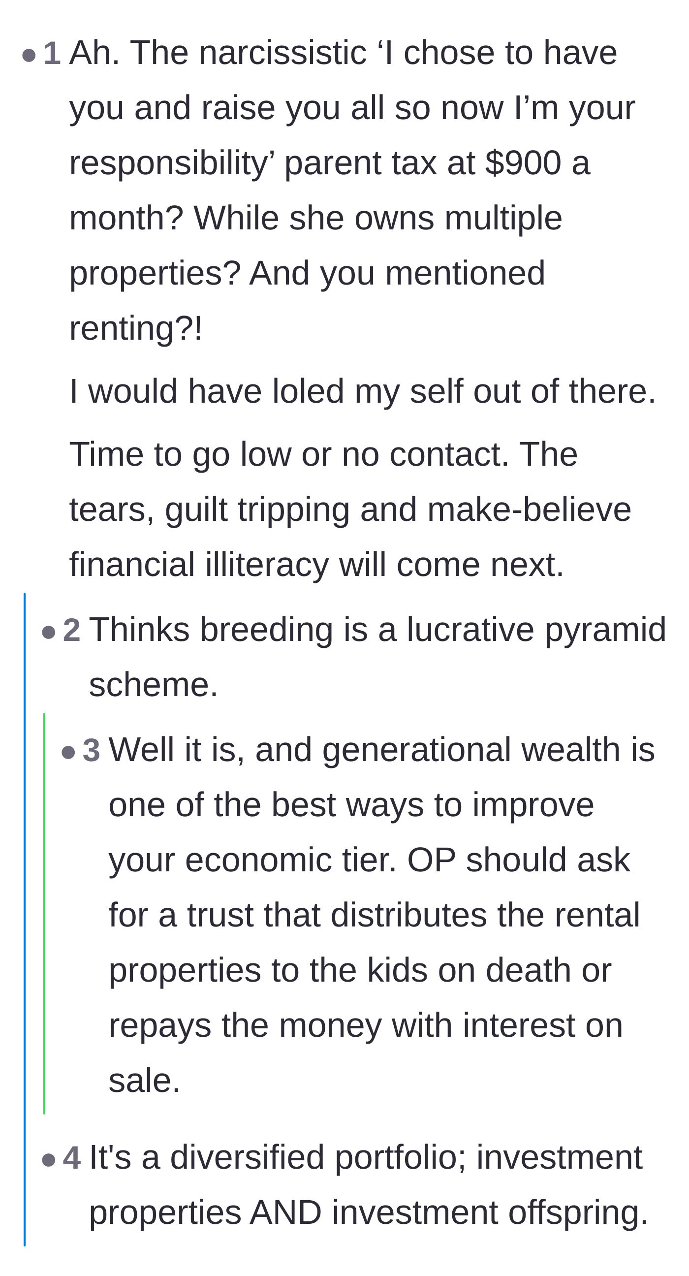 Comment thread 5 - Commenters mock the mother for treating motherhood like a pyramid scheme and diversifying her portfolio with offspring.