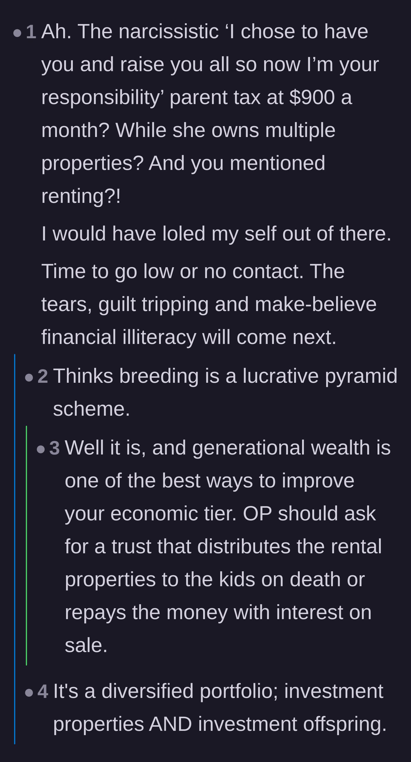Comment thread 5 - Commenters mock the mother for treating motherhood like a pyramid scheme and diversifying her portfolio with offspring.