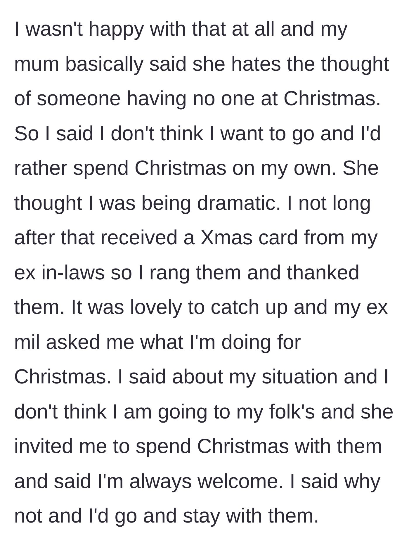 Story part 3 - Man declines his mother's invitation and maliciously accepts a Christmas invite from his ex's homophobic parents instead.