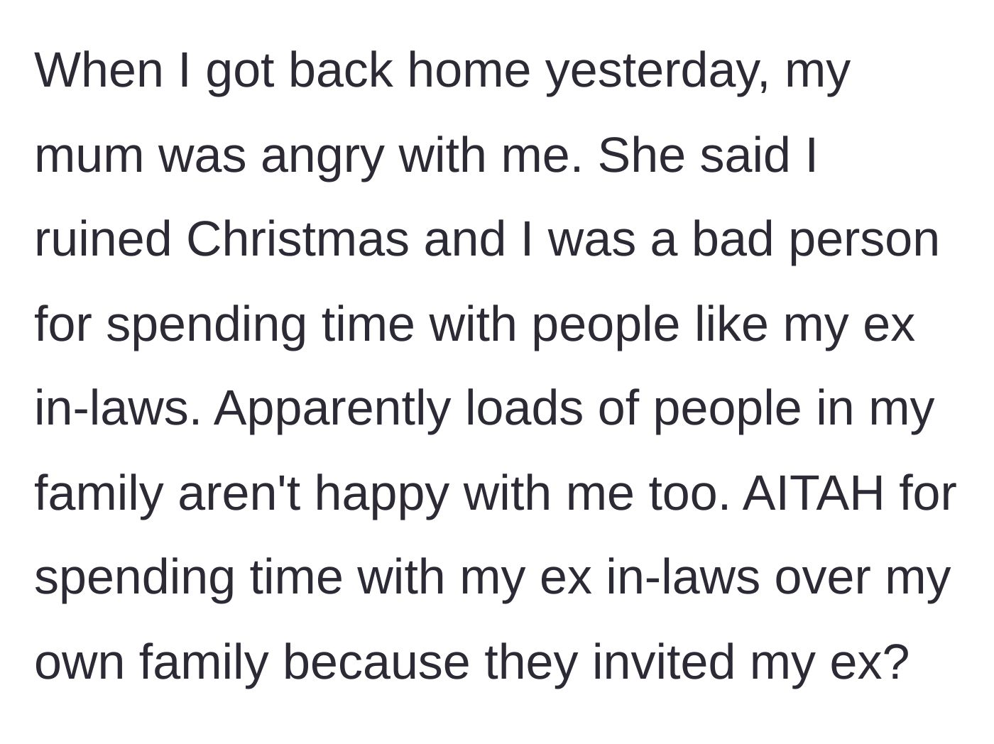 Story part 5 - Man returns home to an angry mother and family members who accuse him of ruining Christmas.