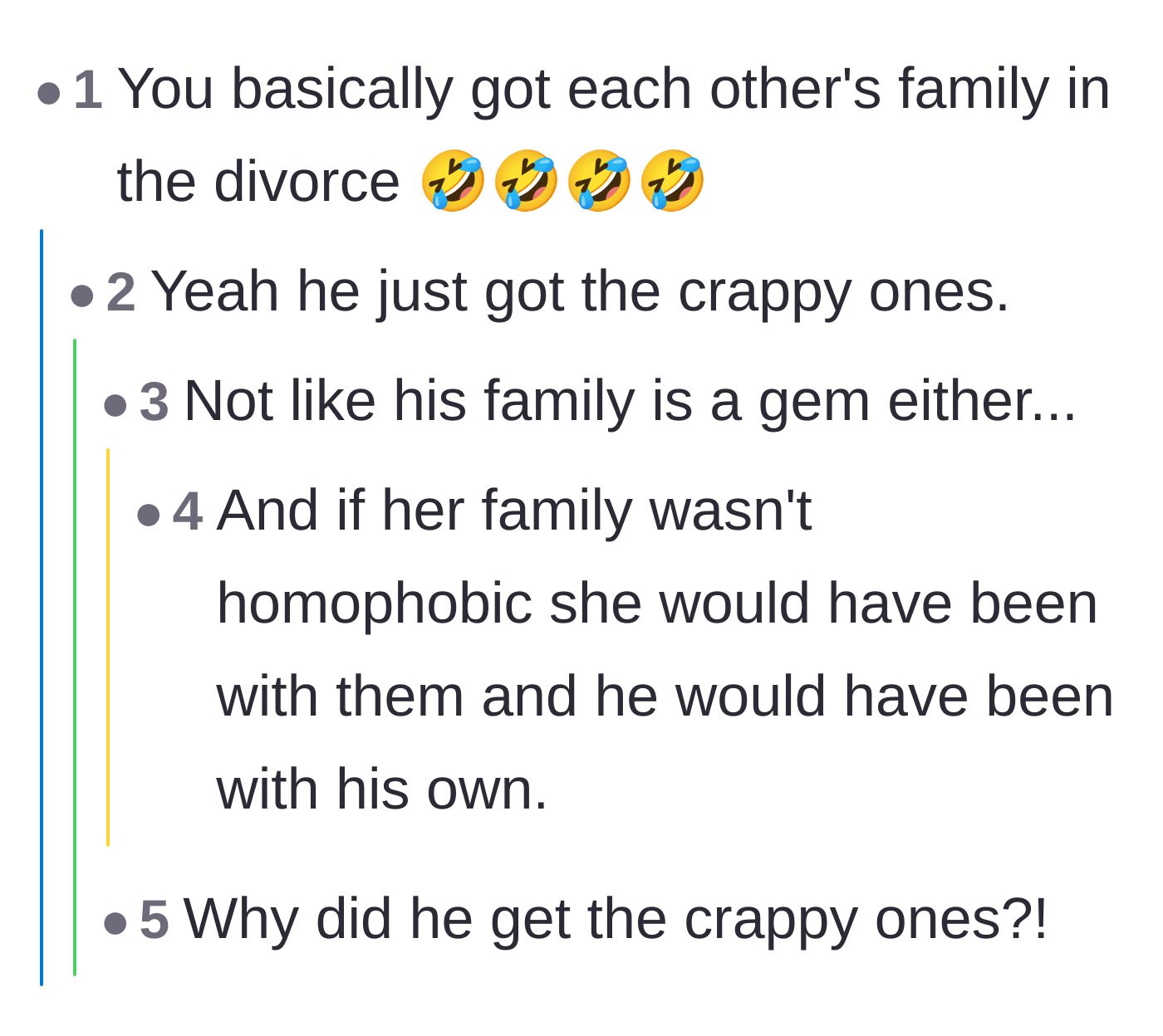 Comment thread 3 - Humorous debate about how the former couple basically swapped families in the divorce.