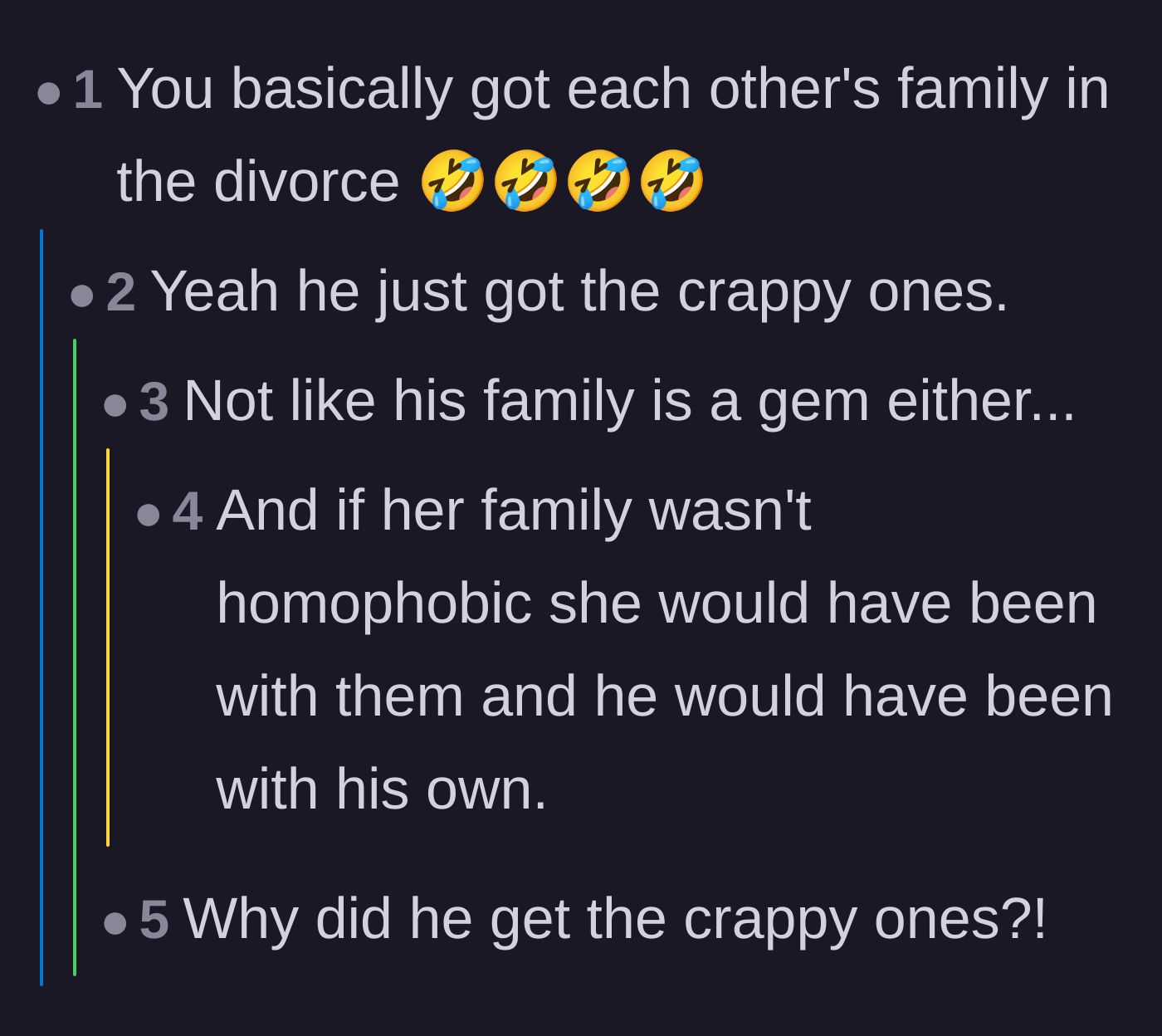 Comment thread 3 - Humorous debate about how the former couple basically swapped families in the divorce.