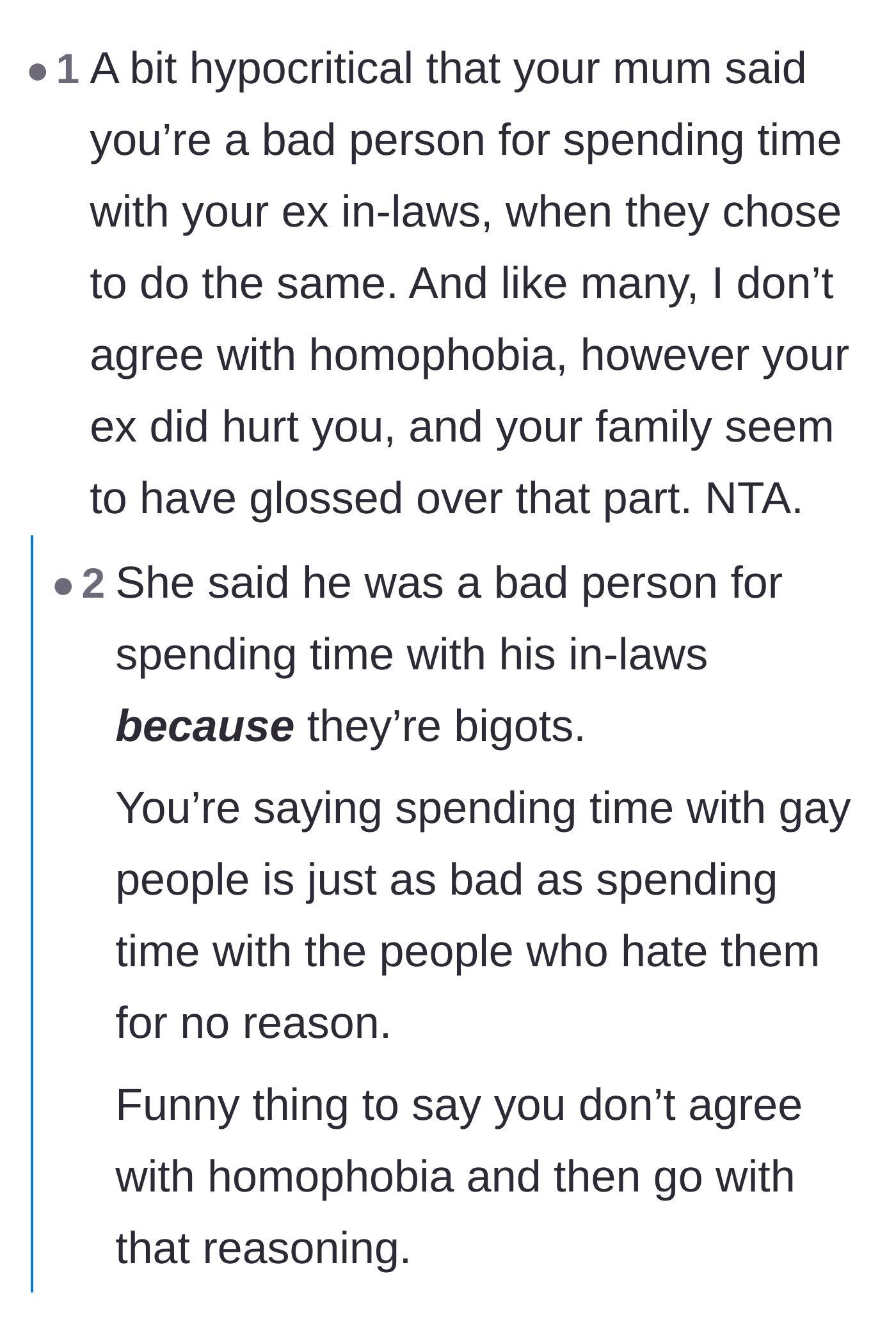 Comment thread 4 - Heated argument over whether the ex's long-term deception justifies the main character seeking comfort with her homophobic family.