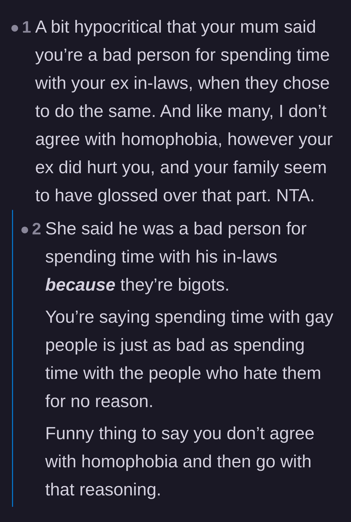 Comment thread 4 - Heated argument over whether the ex's long-term deception justifies the main character seeking comfort with her homophobic family.