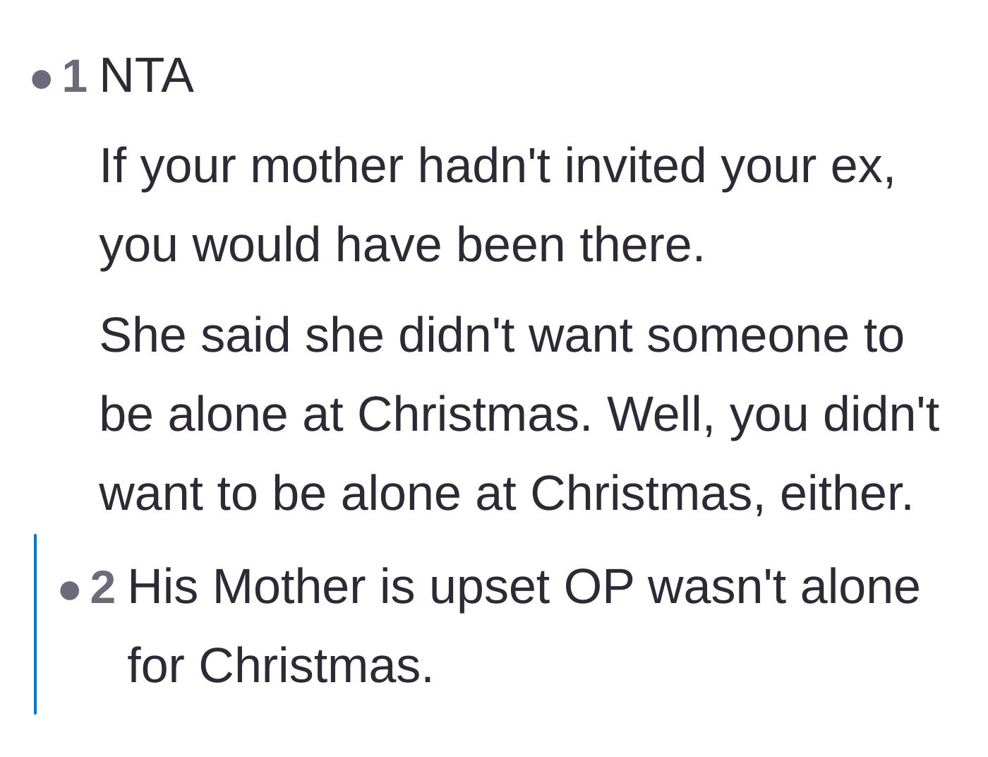 Comment thread 5 - Pointing out the stark irony that the mother only cared about the ex-wife not being alone for the holidays.