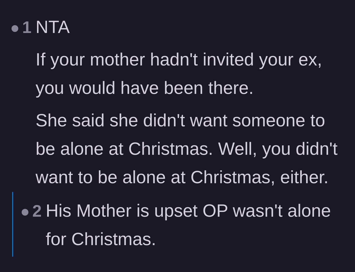 Comment thread 5 - Pointing out the stark irony that the mother only cared about the ex-wife not being alone for the holidays.