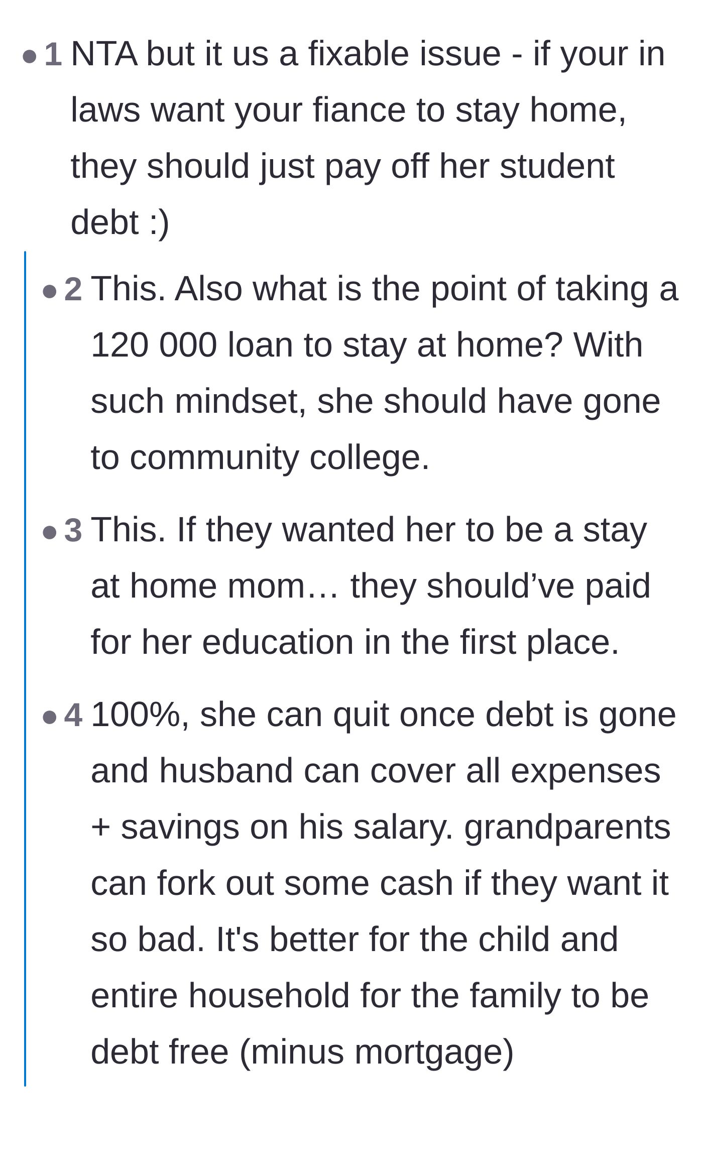 Comment thread 1 - Readers suggesting the in-laws pay off the debt and discussing the poor return on investment of a $120k loan for a $53k salary.