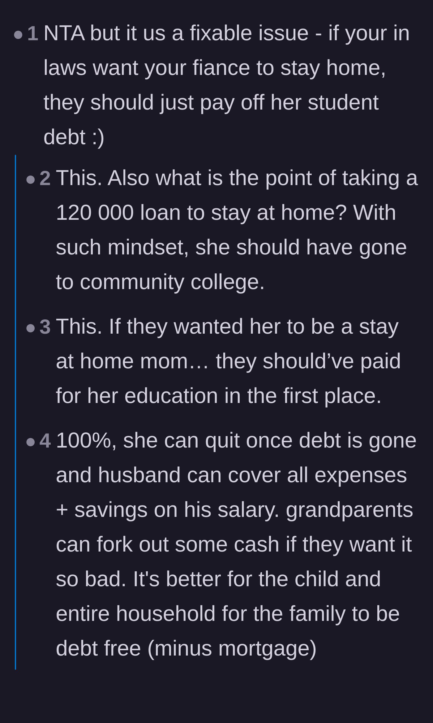 Comment thread 1 - Readers suggesting the in-laws pay off the debt and discussing the poor return on investment of a $120k loan for a $53k salary.