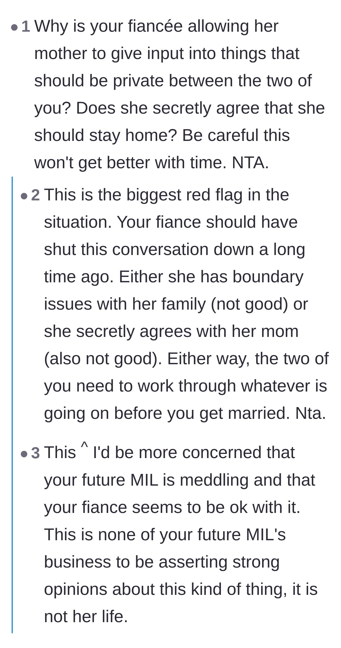 Comment thread 3 - Debating the major red flag of the fiancée allowing her mother to interfere in private marital finances.