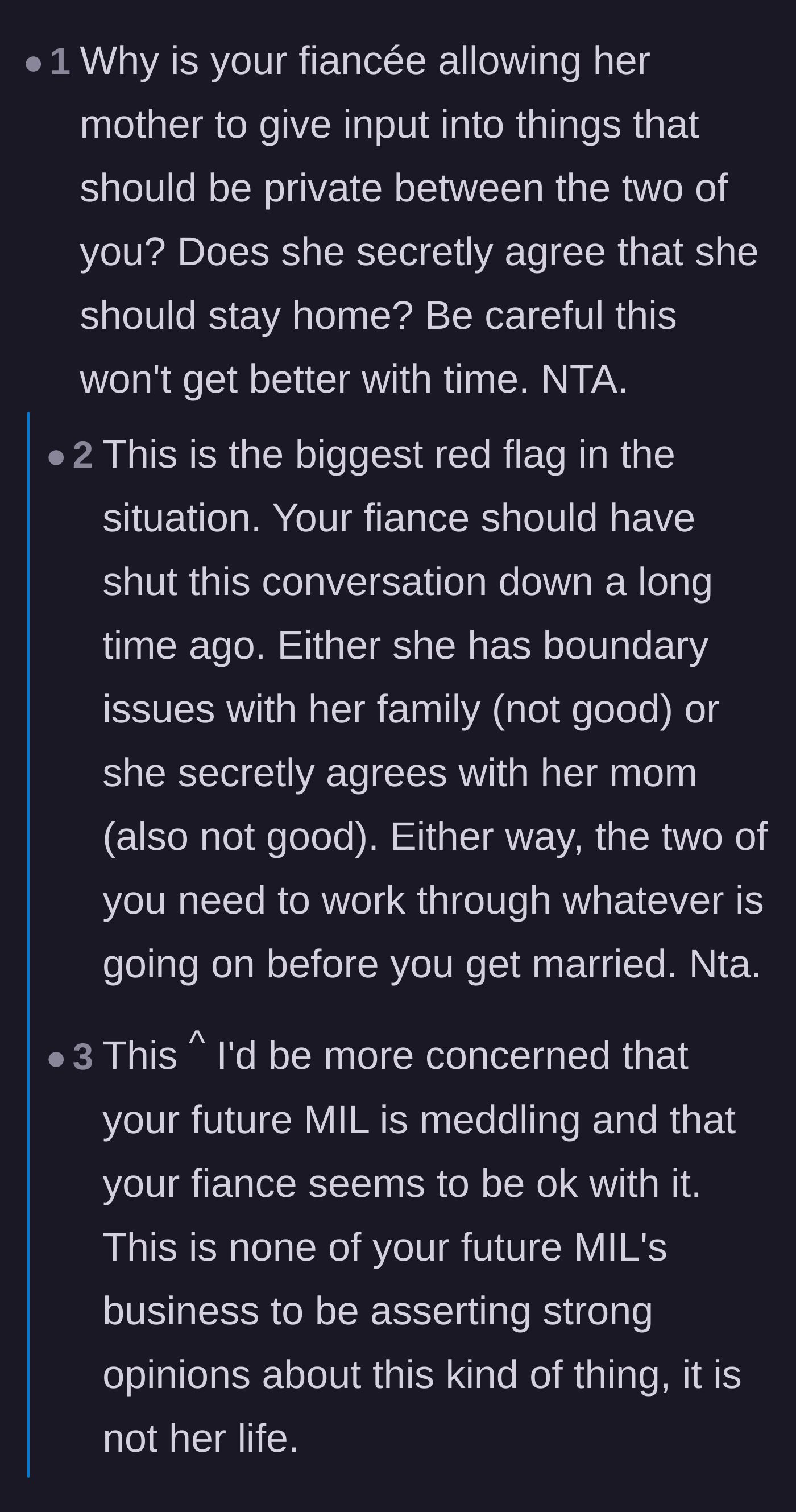 Comment thread 3 - Debating the major red flag of the fiancée allowing her mother to interfere in private marital finances.