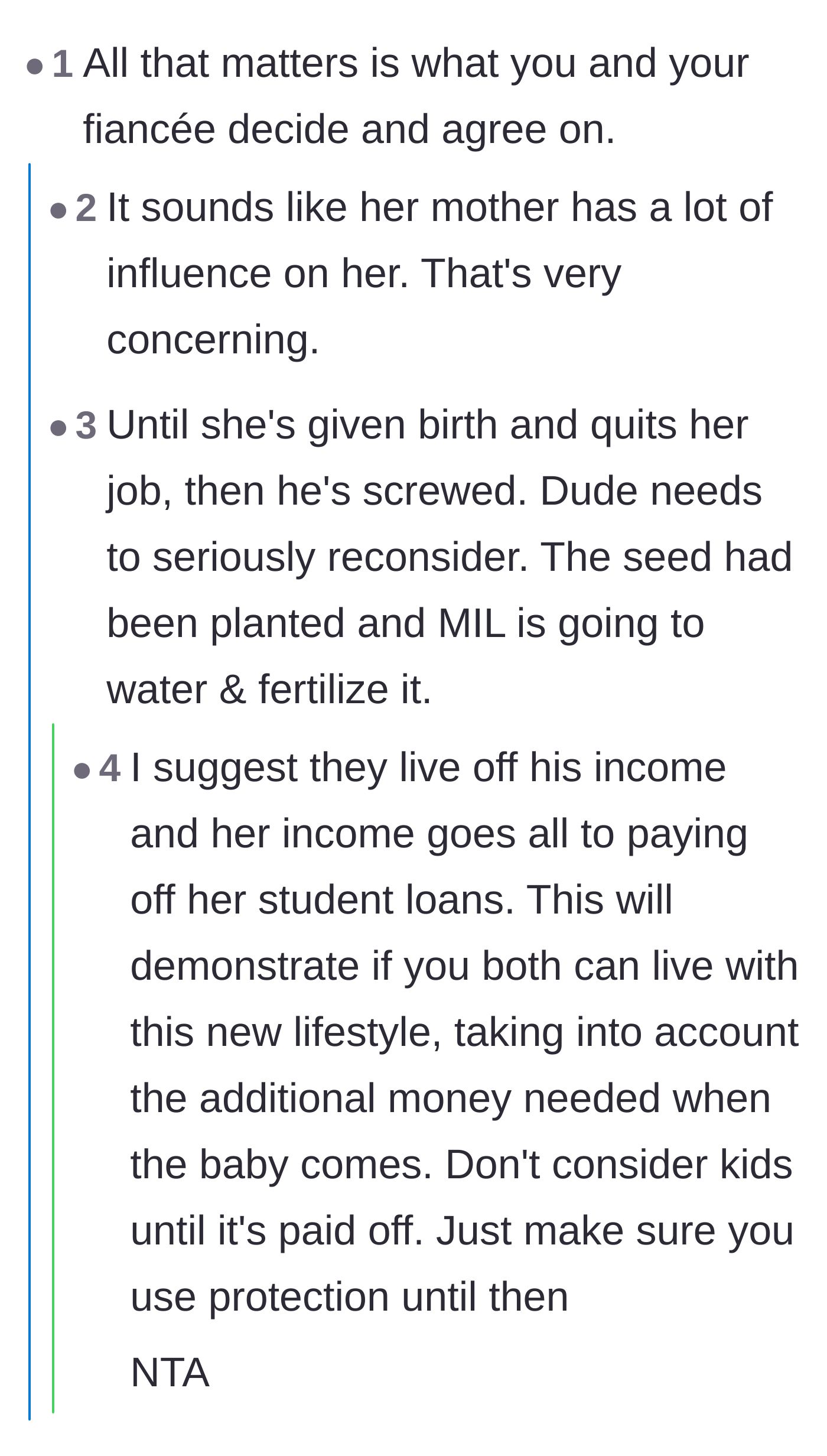 Comment thread 4 - Warnings about the risk of the fiancée getting pregnant and quitting anyway, leaving the fiancé trapped with the debt.