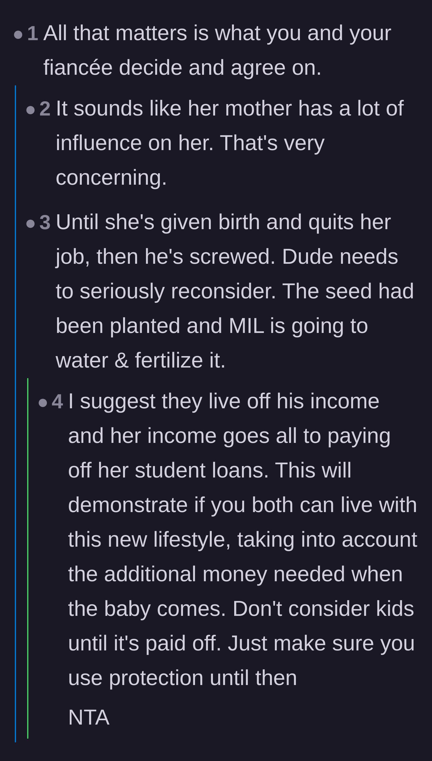 Comment thread 4 - Warnings about the risk of the fiancée getting pregnant and quitting anyway, leaving the fiancé trapped with the debt.