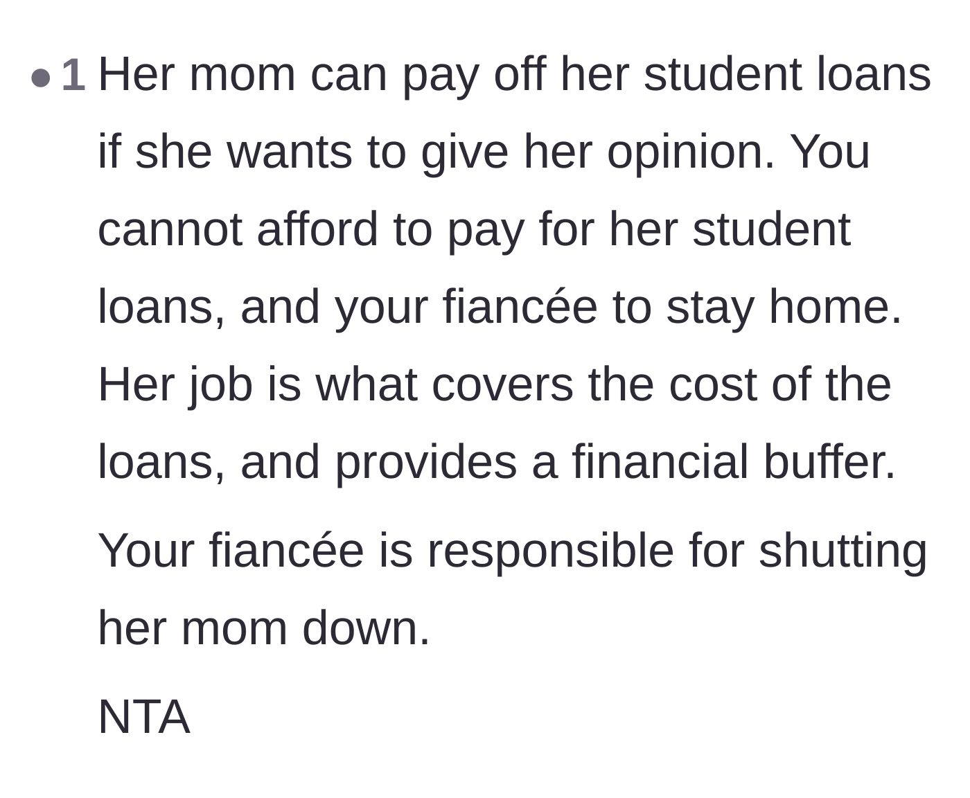 Comment thread 5 - Asserting that it is the fiancée's absolute responsibility to set boundaries and shut down her mother's unsolicited advice.