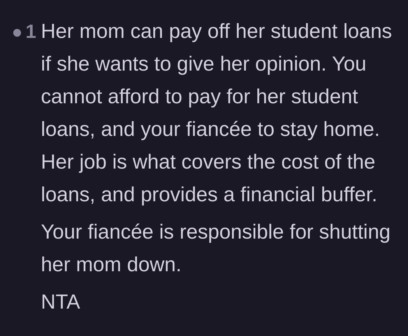 Comment thread 5 - Asserting that it is the fiancée's absolute responsibility to set boundaries and shut down her mother's unsolicited advice.