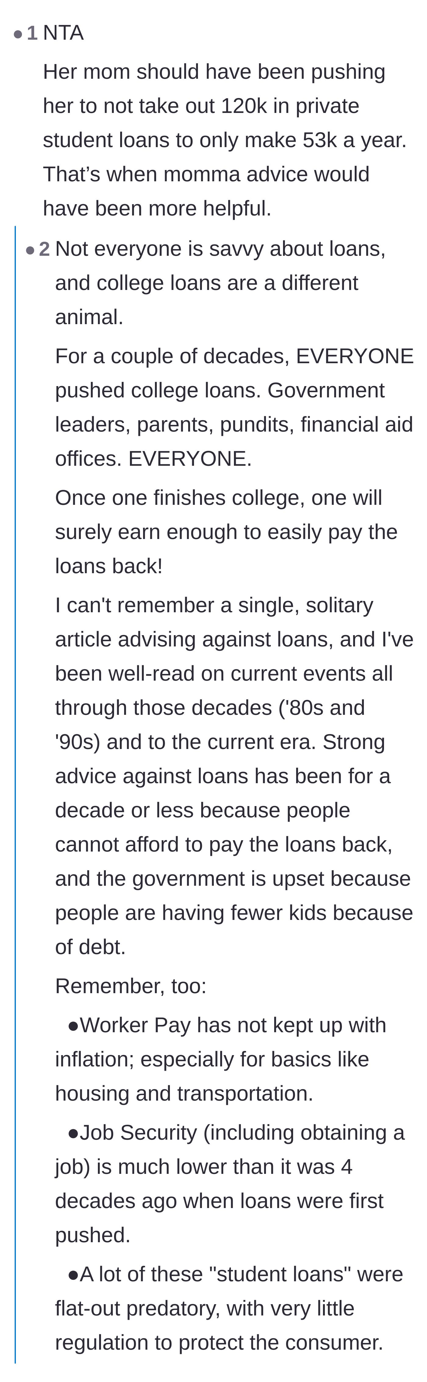 Comment thread 6 - Pointing out the irony that the mother is giving life advice now instead of warning against taking on six-figure private debt for a low-paying career.