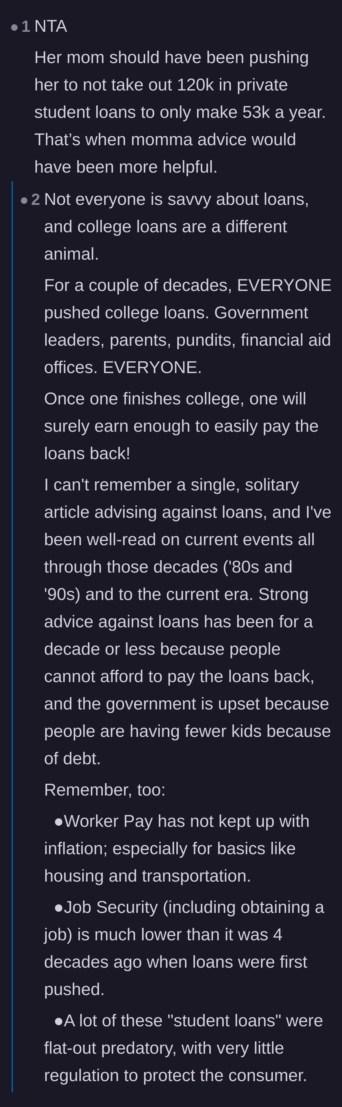 Comment thread 6 - Pointing out the irony that the mother is giving life advice now instead of warning against taking on six-figure private debt for a low-paying career.