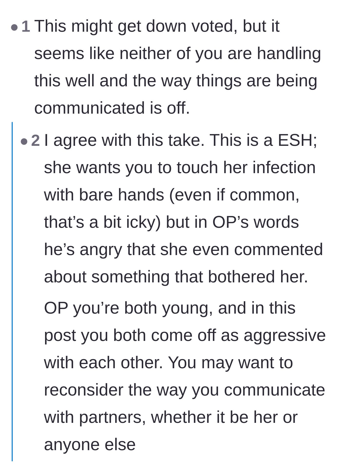 Comment thread 1 - Readers debate the poor communication from both sides, noting that the boyfriend's hidden frustration was likely obvious to his girlfriend.