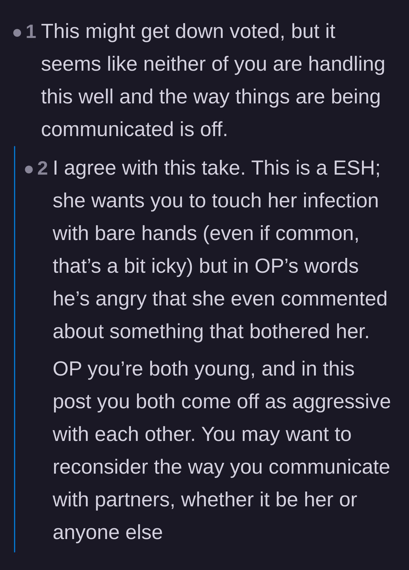 Comment thread 1 - Readers debate the poor communication from both sides, noting that the boyfriend's hidden frustration was likely obvious to his girlfriend.
