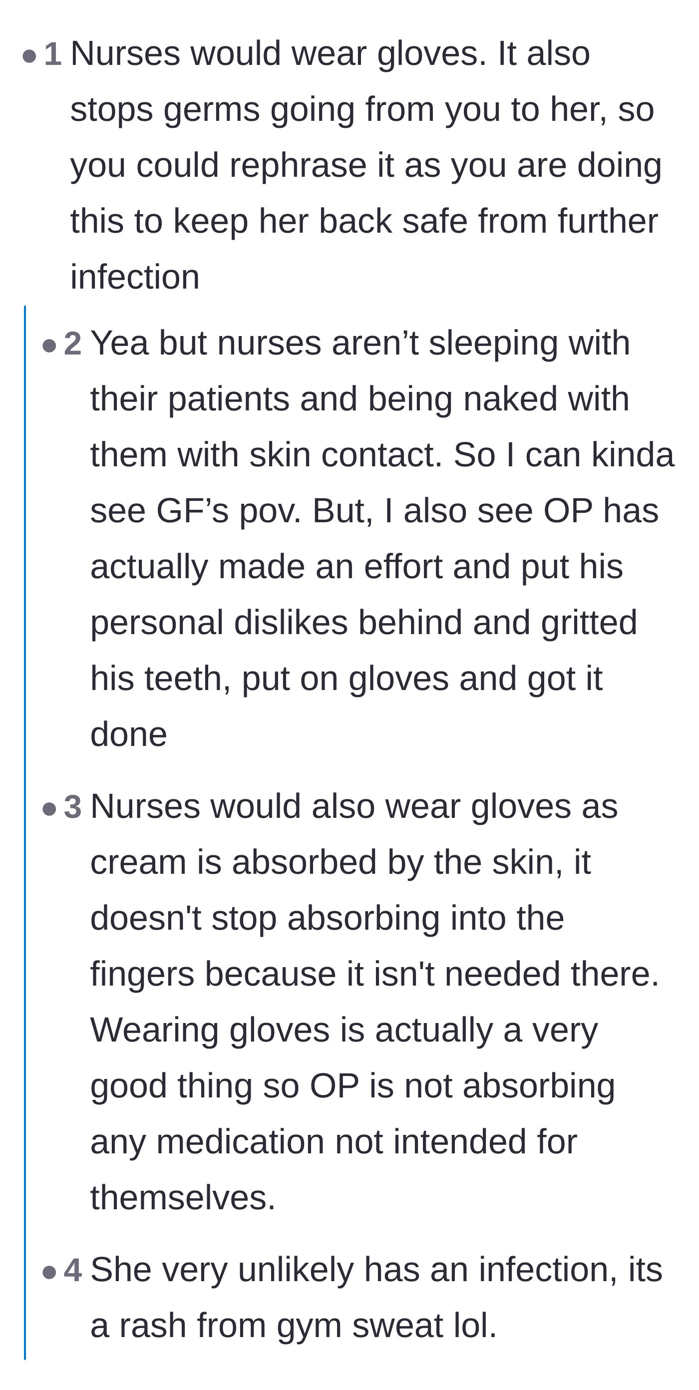 Comment thread 2 - A discussion on the medical necessity of using gloves to avoid absorbing prescription creams or spreading bacteria.