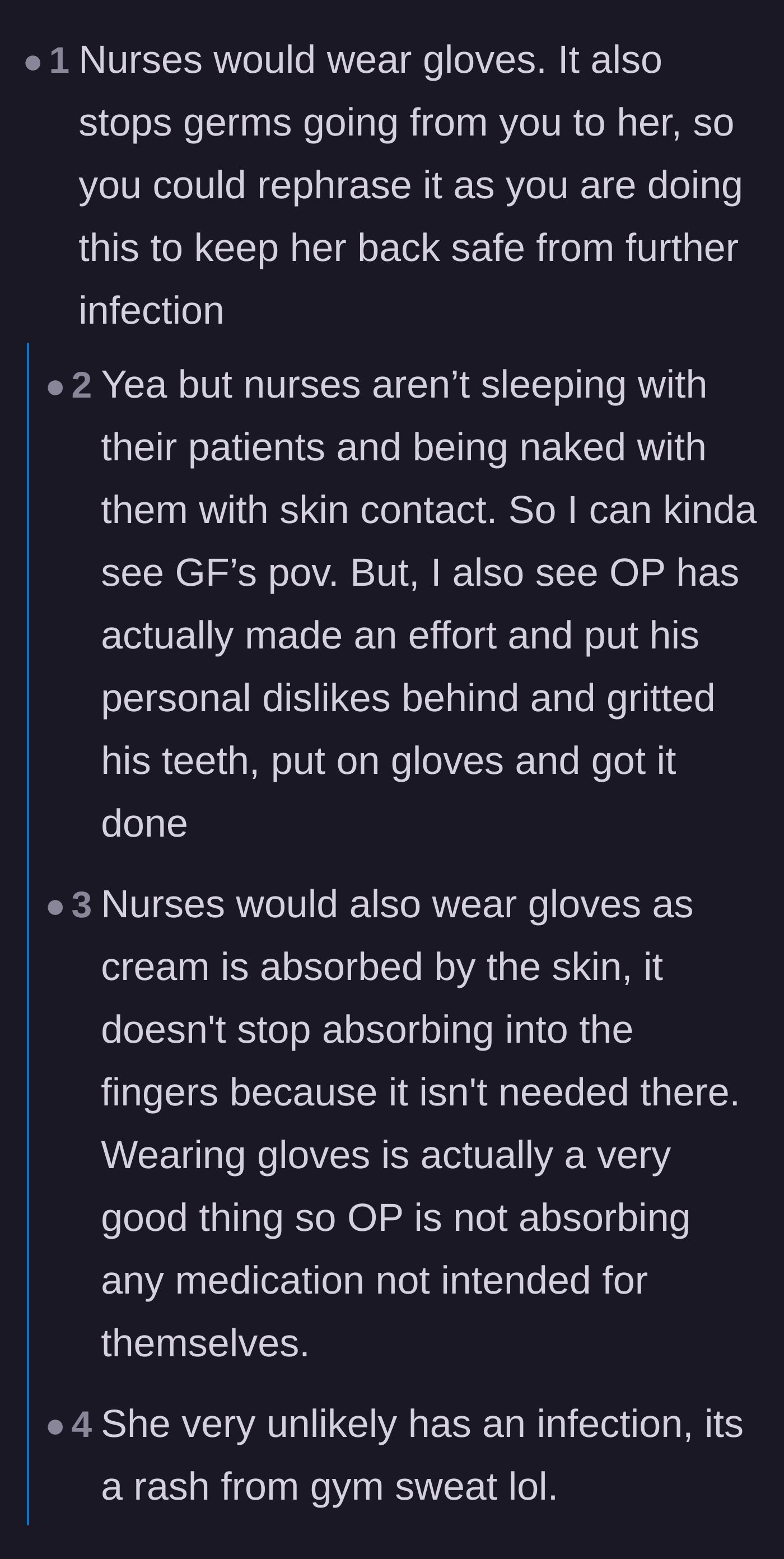 Comment thread 2 - A discussion on the medical necessity of using gloves to avoid absorbing prescription creams or spreading bacteria.