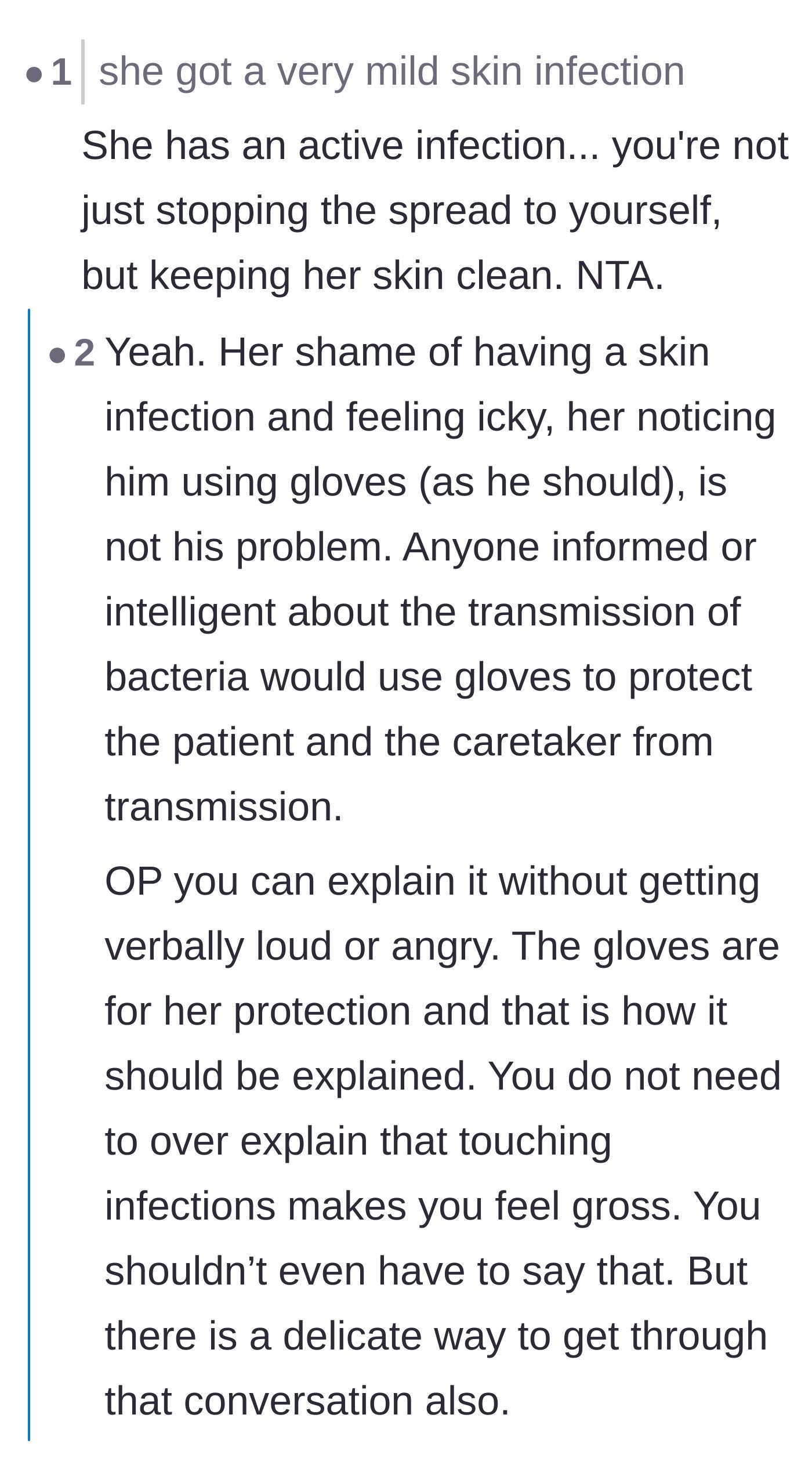 Comment thread 3 - Commenters suggest that the boyfriend could have avoided the argument entirely by framing the gloves as a way to keep her infection clean.