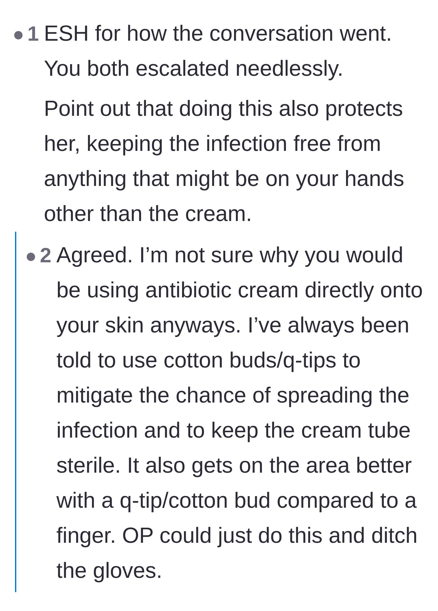 Comment thread 4 - A debate over the couple's needless escalation and whether simple alternatives like cotton swabs could have resolved the issue.