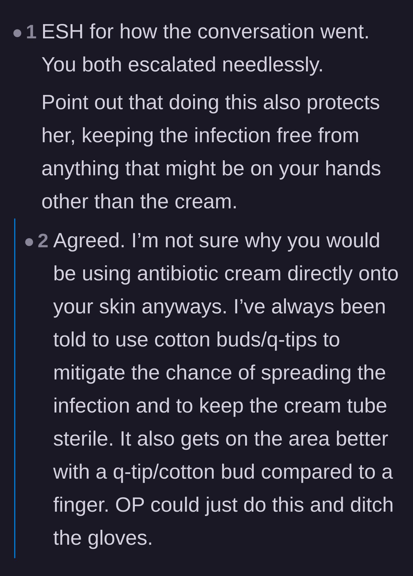 Comment thread 4 - A debate over the couple's needless escalation and whether simple alternatives like cotton swabs could have resolved the issue.