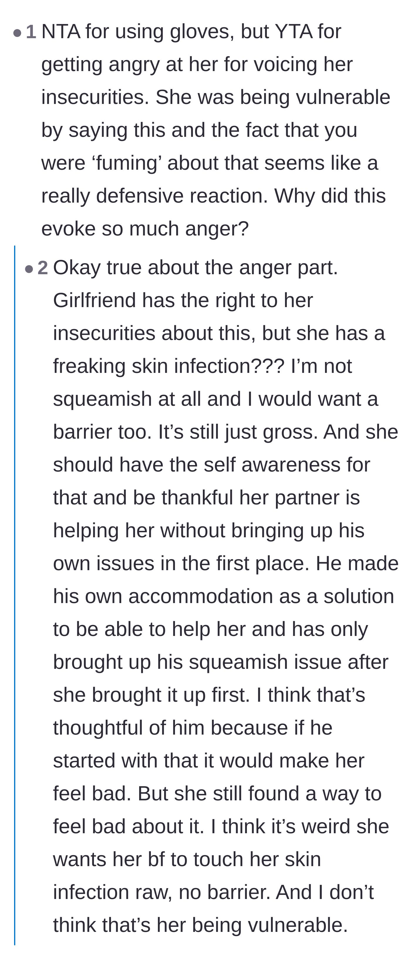 Comment thread 6 - A debate analyzing whether the girlfriend was expressing a vulnerable insecurity or unfairly weaponizing an accusation against her boyfriend.