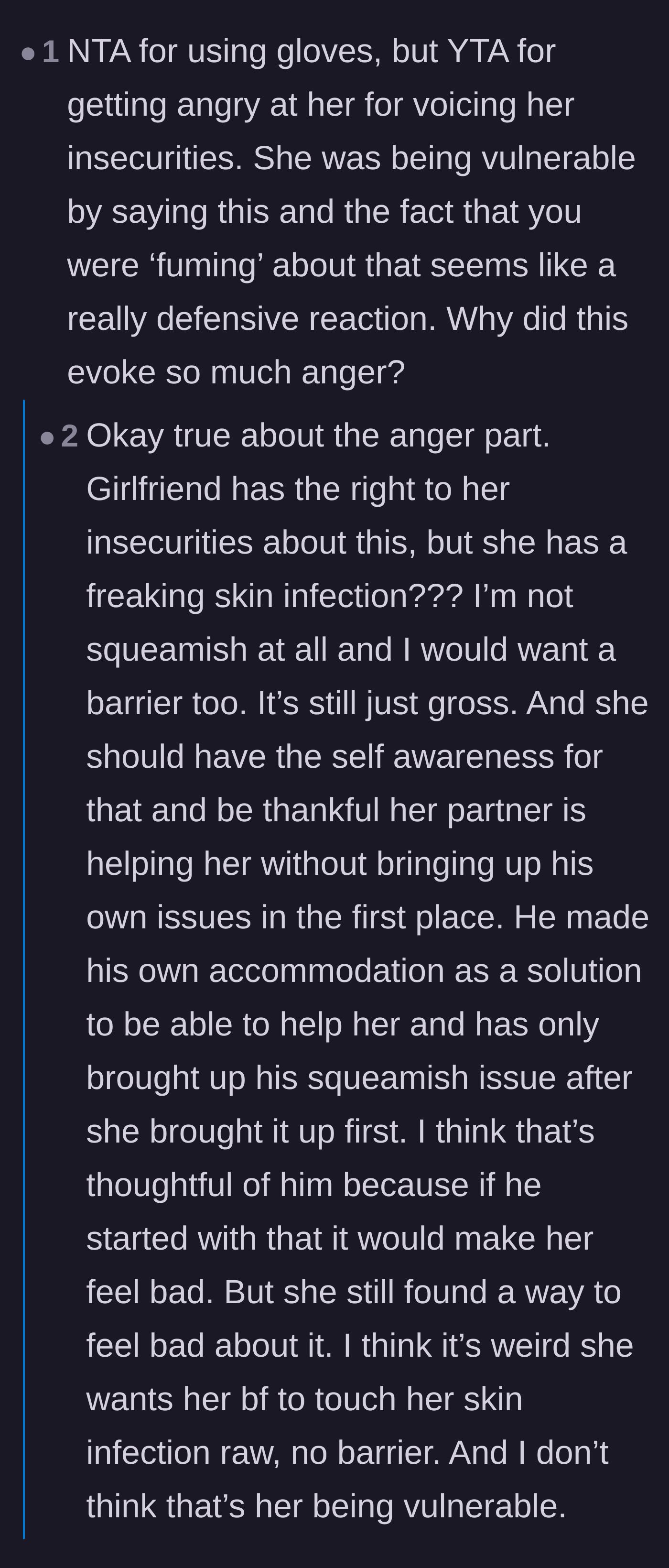 Comment thread 6 - A debate analyzing whether the girlfriend was expressing a vulnerable insecurity or unfairly weaponizing an accusation against her boyfriend.