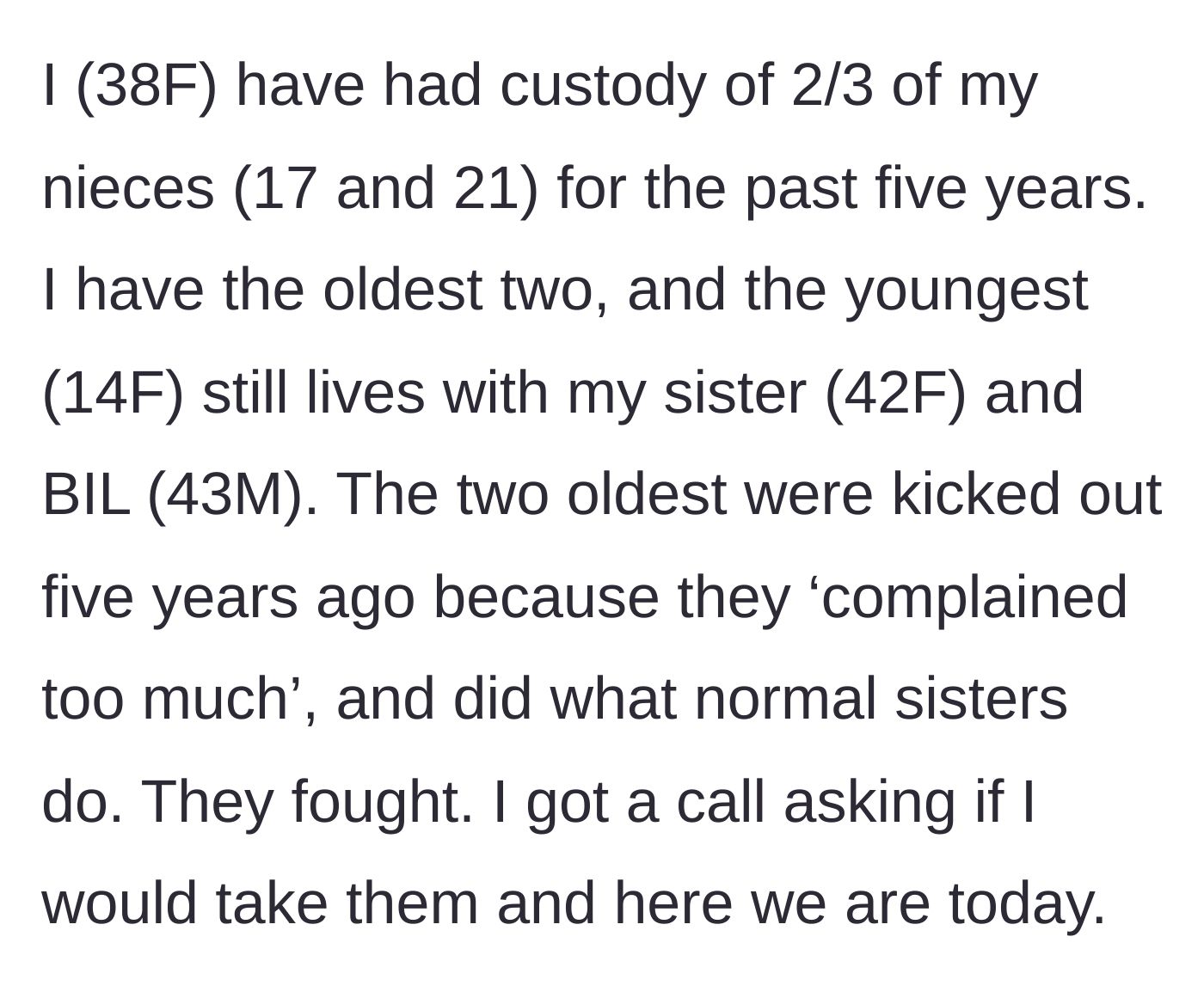 Story part 1 - Aunt explains taking custody of two nieces after their parents kicked them out for normal teenage arguments.