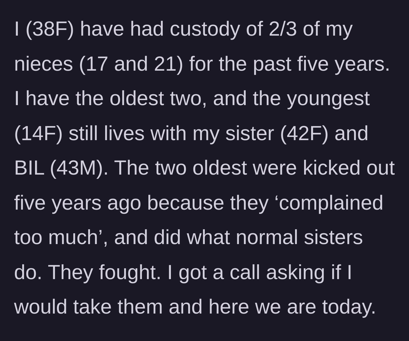 Story part 1 - Aunt explains taking custody of two nieces after their parents kicked them out for normal teenage arguments.