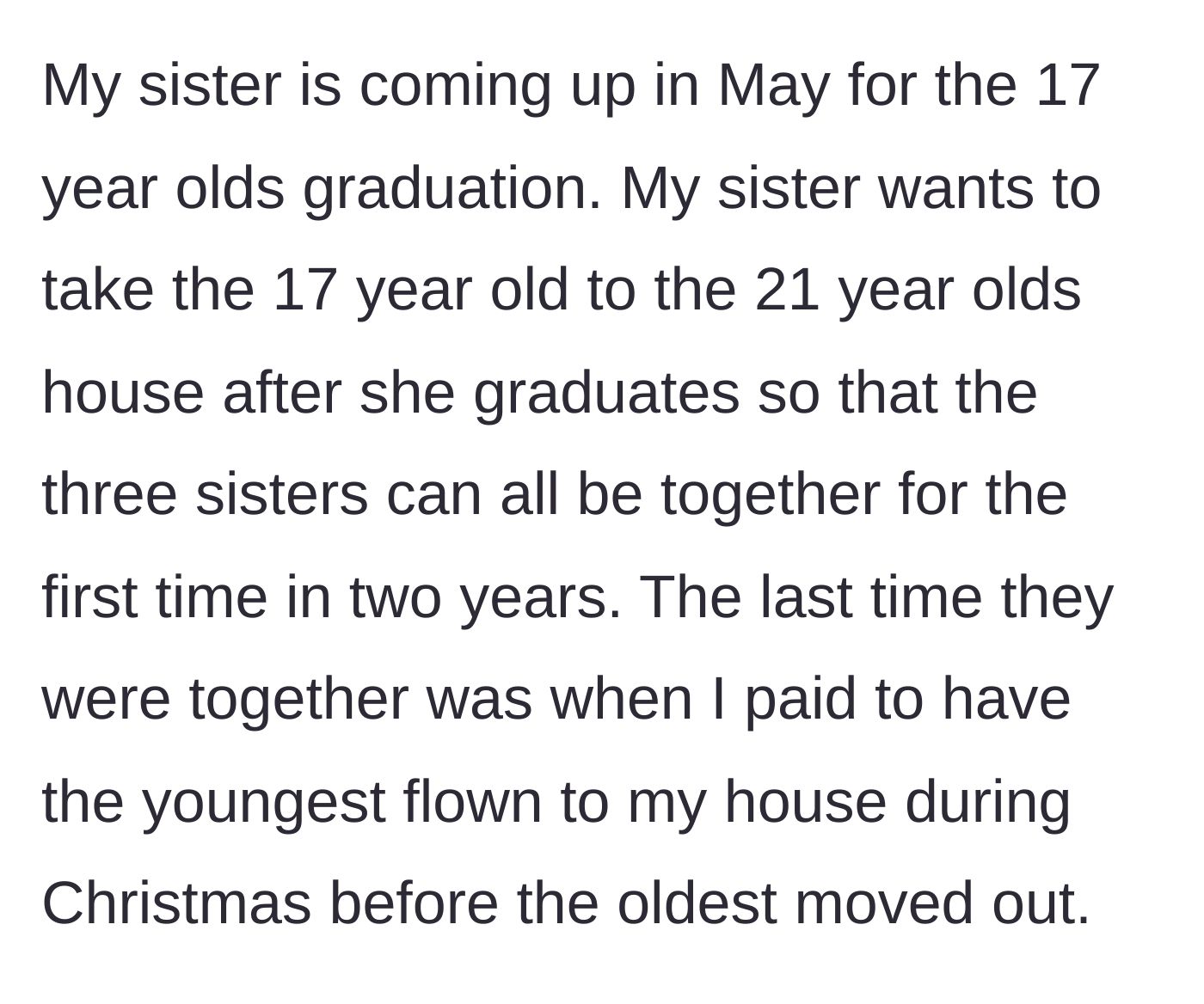 Story part 3 - Sister plans a graduation visit and wants to reunite all three daughters at the oldest's out-of-state house.