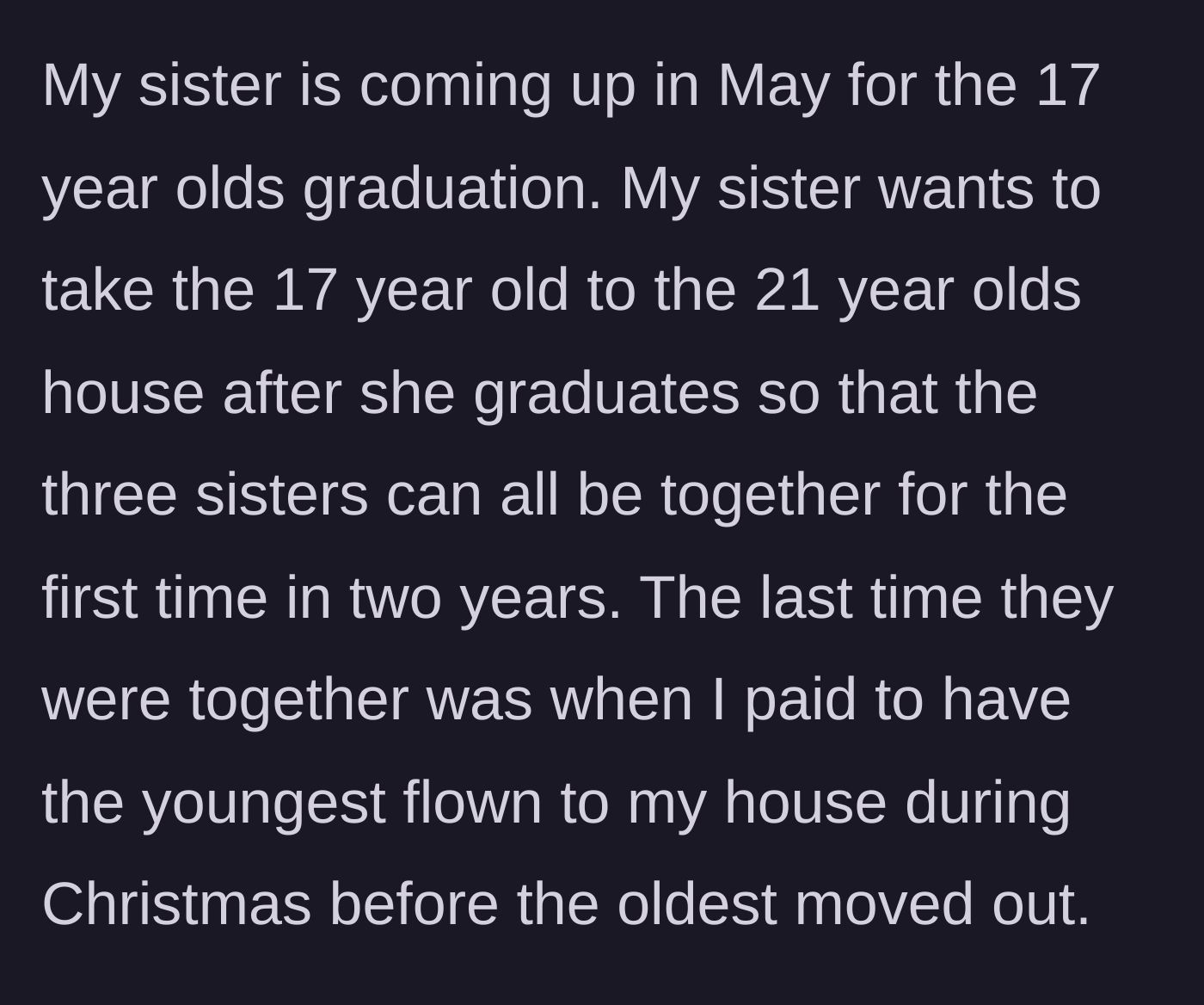 Story part 3 - Sister plans a graduation visit and wants to reunite all three daughters at the oldest's out-of-state house.