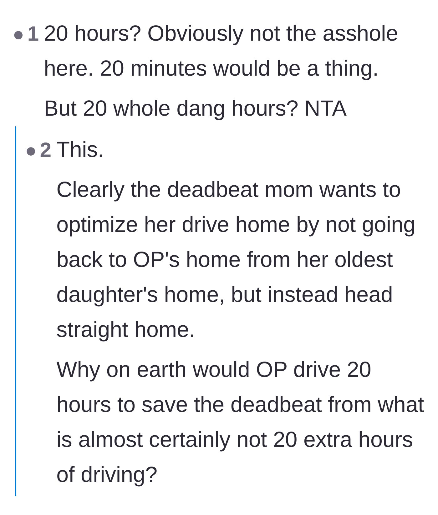 Comment thread 4 - Readers calculate the absurdity of a 20-hour drive just to save the biological mother some travel time.