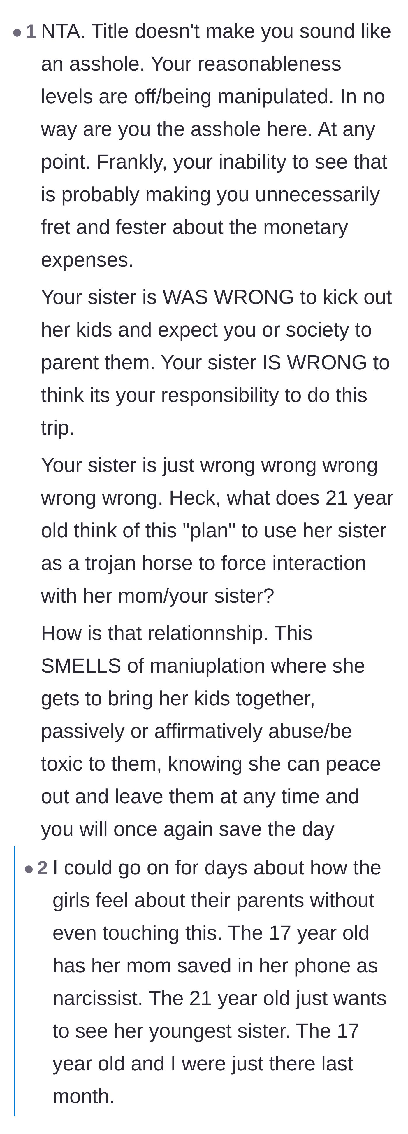Comment thread 5 - Suspicions of manipulation arise, leading the aunt to reveal the 17-year-old has her biological mother saved as a narcissist in her phone.