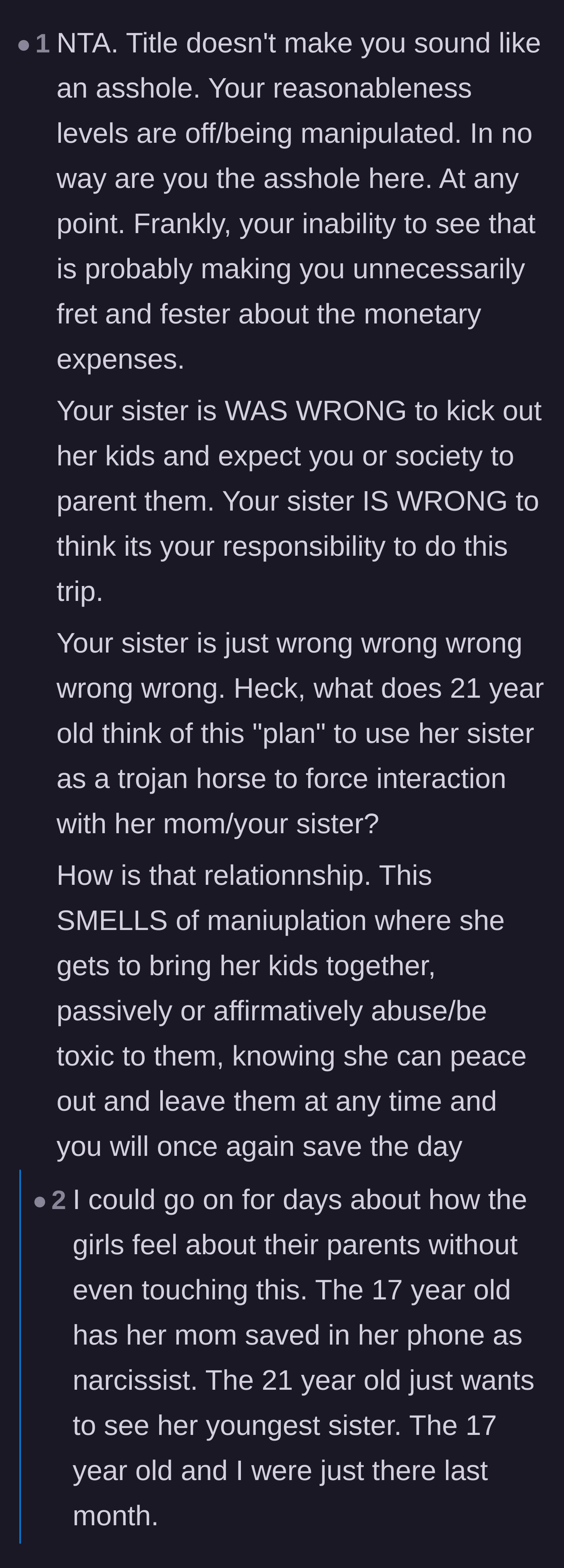 Comment thread 5 - Suspicions of manipulation arise, leading the aunt to reveal the 17-year-old has her biological mother saved as a narcissist in her phone.