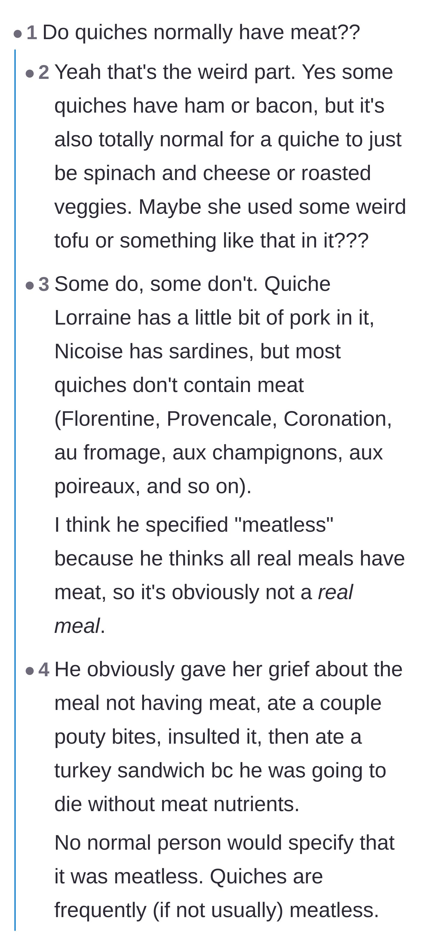 Comment thread 2 - A heated debate about whether traditional quiches require meat and if the husband's expectations were unfair.