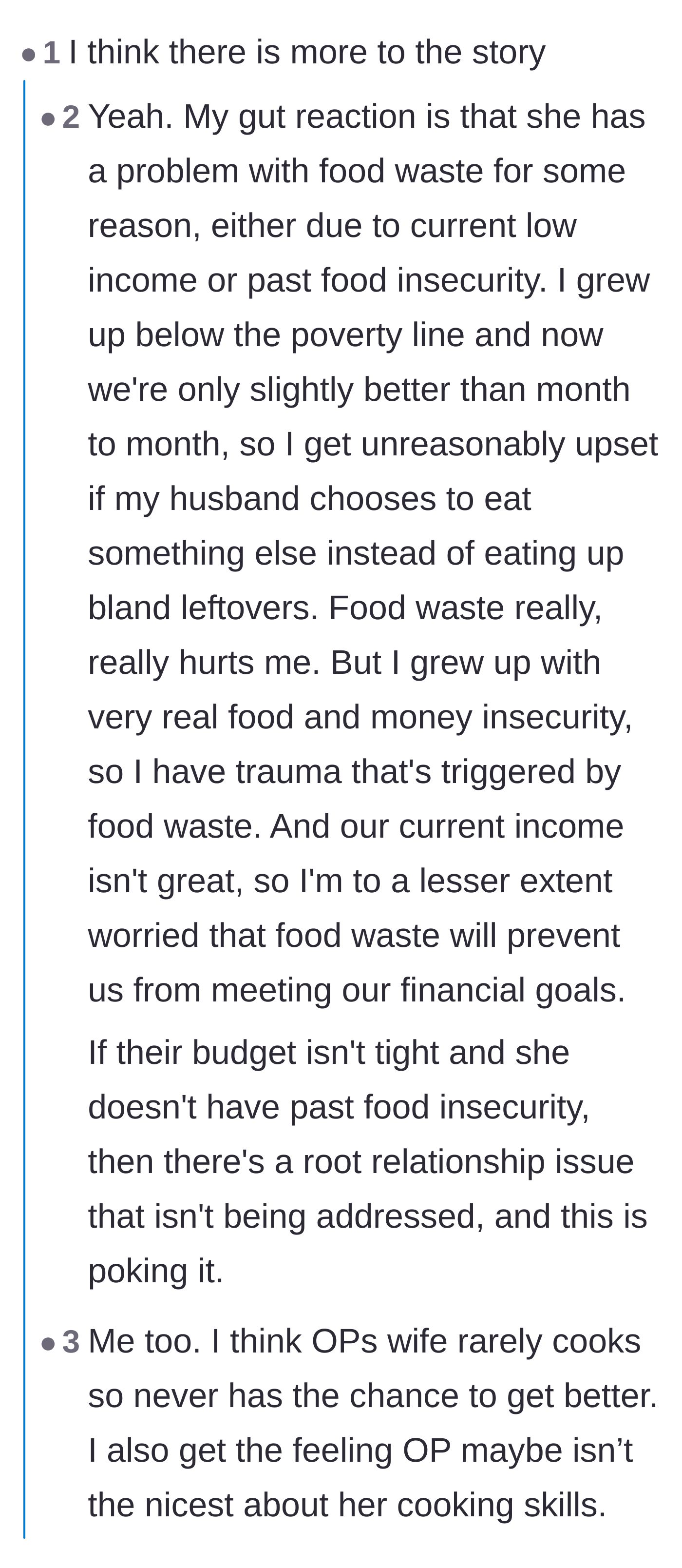 Comment thread 3 - Users speculating that the wife's reaction might stem from past food insecurity or deeper relationship issues.