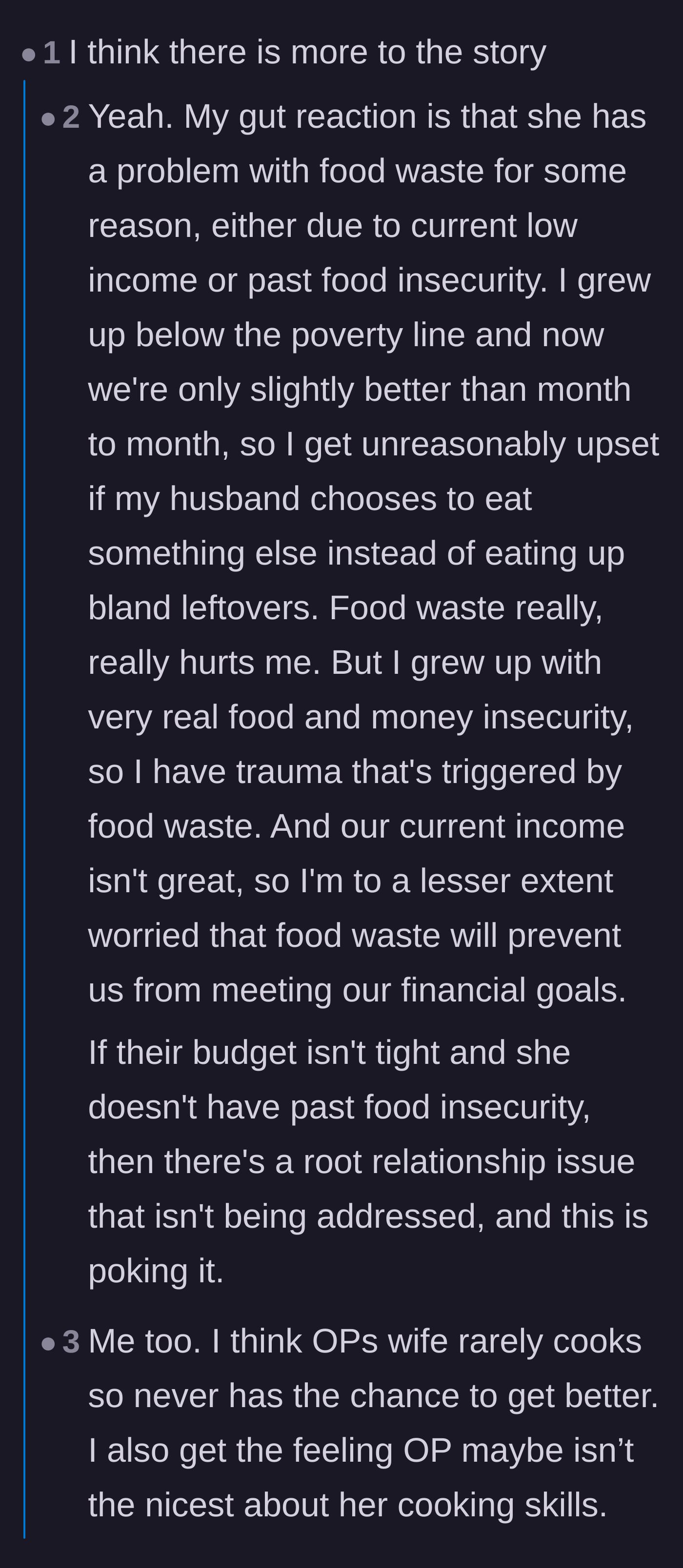 Comment thread 3 - Users speculating that the wife's reaction might stem from past food insecurity or deeper relationship issues.