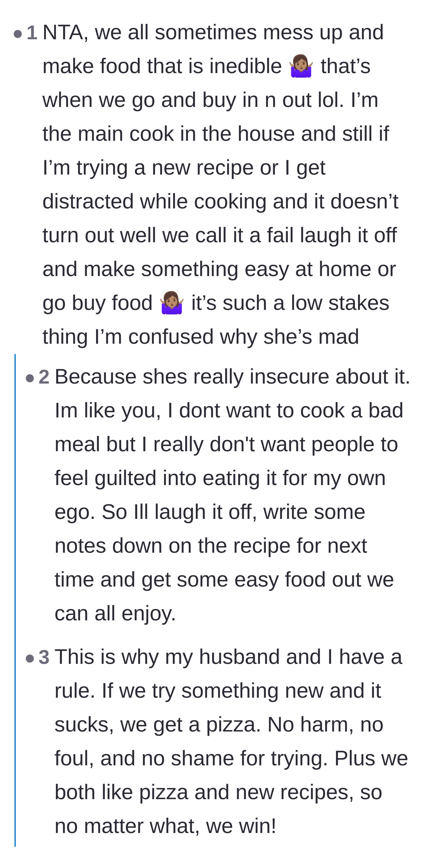 Comment thread 6 - Wholesome advice from experienced cooks about laughing off failed meals and ordering emergency pizza instead.